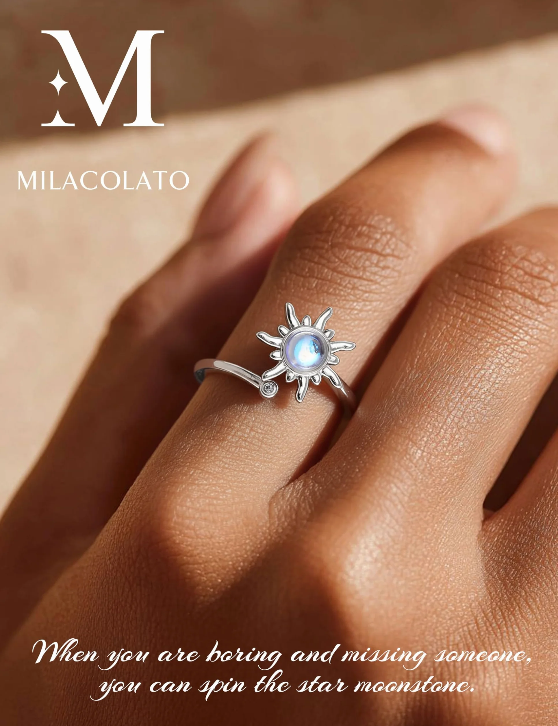 MILACOLATO Fidget pierścionek dla kobiet, dzieci, dziewcząt, pierścienie lękowe, otwarte, regulowane, srebrny, słonecznik, opal, kamień księżycowy, gwiazda, księżyc, śnieg, lotos, spinner, nastrojowe