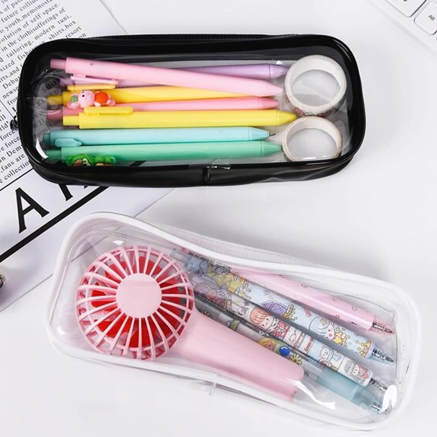 Shirene Przezroczysty piórnik, 2 sztuki przezroczystego piórnika, duże przezroczywe etui PVC z zamkiem błyskawicznym na egzaminy szkolne, torebka do podróży i organizer do makijażu (20 x 8 x 3,5 cm)