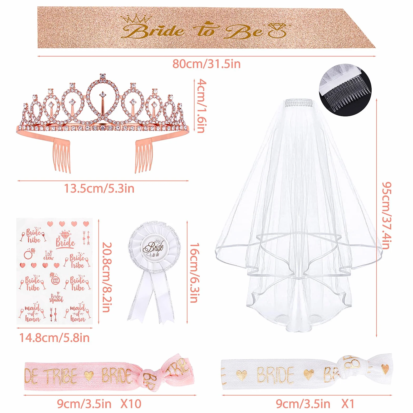 Bride to Be szarfa i welon, 16 sztuk dekoracji na wieczór panieński, akcesoria JGA dla kobiet, 10 bransoletek dla panny młodej, 1 bransoletka dla panny młodej, szarfa, welon, odznaka, tiara, tatuaż