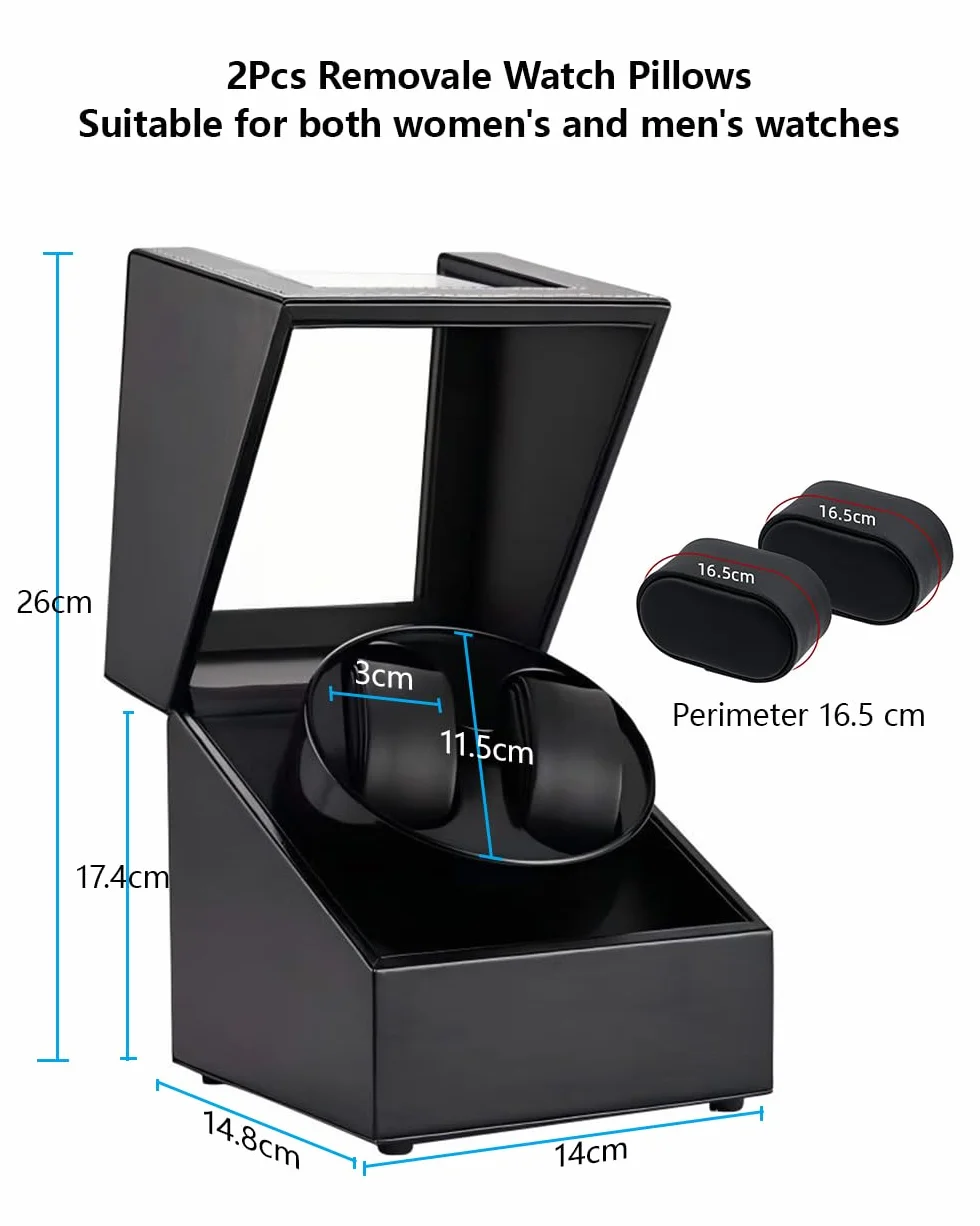 Watch Winder 2 Watches, Automatic Watch Winder Box for Men and Women, Double Watches Display Storage Rotation Wristwatch Box Two Slots, USB C Charging PU Leather Black Uhrenbeweger Uhr Automatik