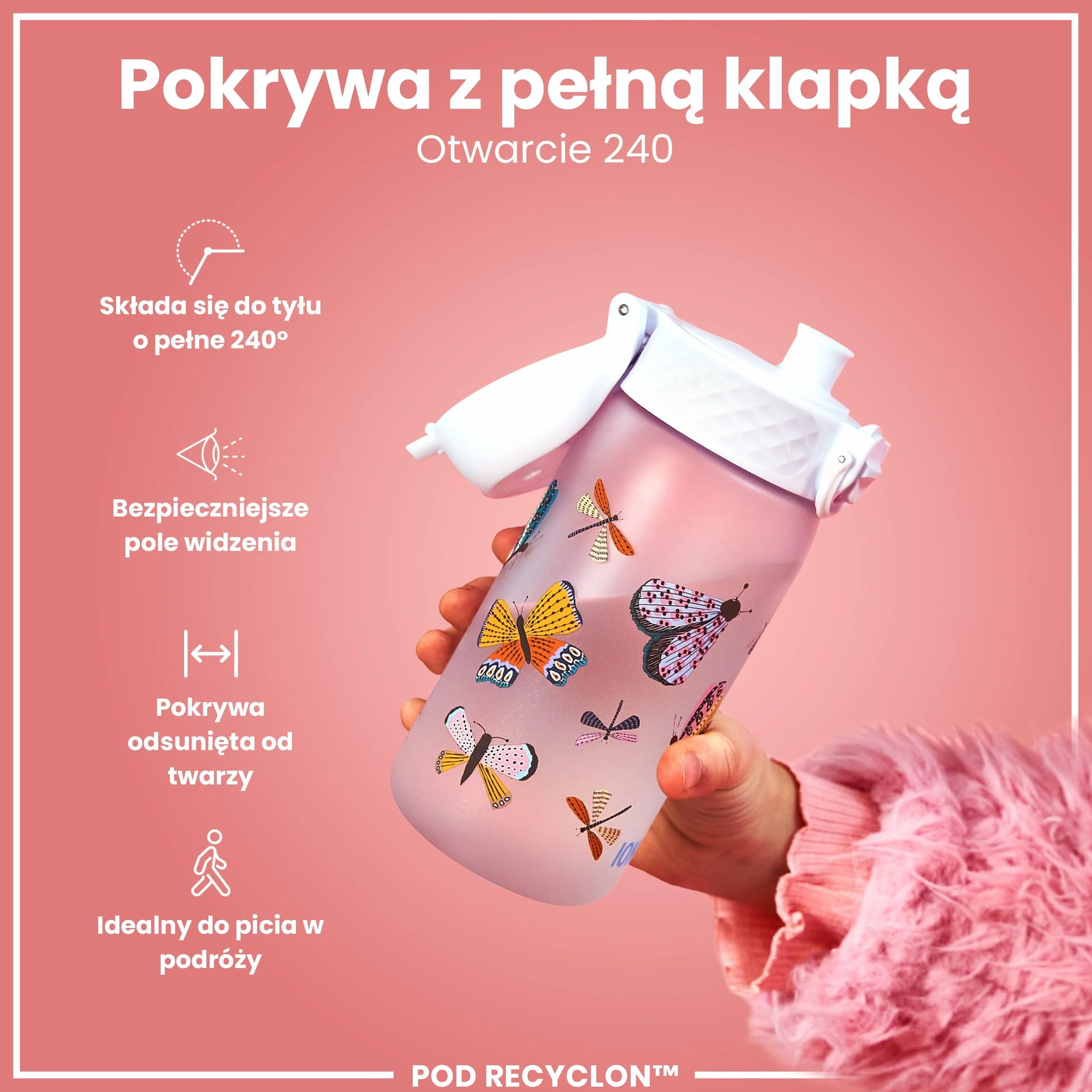 ION8 Butelka dla Dzieci, 350 ml/12 oz, Szczelna, Łatwa do Otwarcia, Bezpieczny Zamek, Można Myć w Zmywarce, Bez BPA, Uchwyt do Przenoszenia, Łatwa do Czyszczenia, Bezwonny, Wzór Motyle