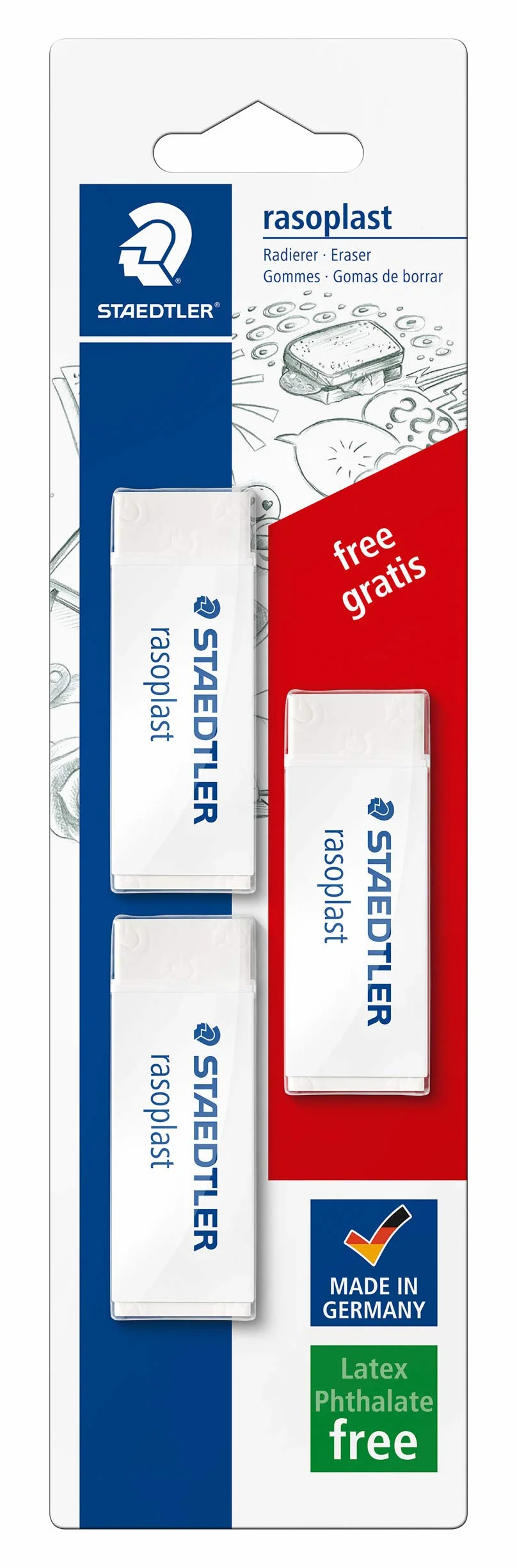 Staedtler 526B20BK3PST Gumka do Mazania, Biały, 65 x 13 x 23 mm, 3 sztuki w blistrze, 1 sztuka gratis