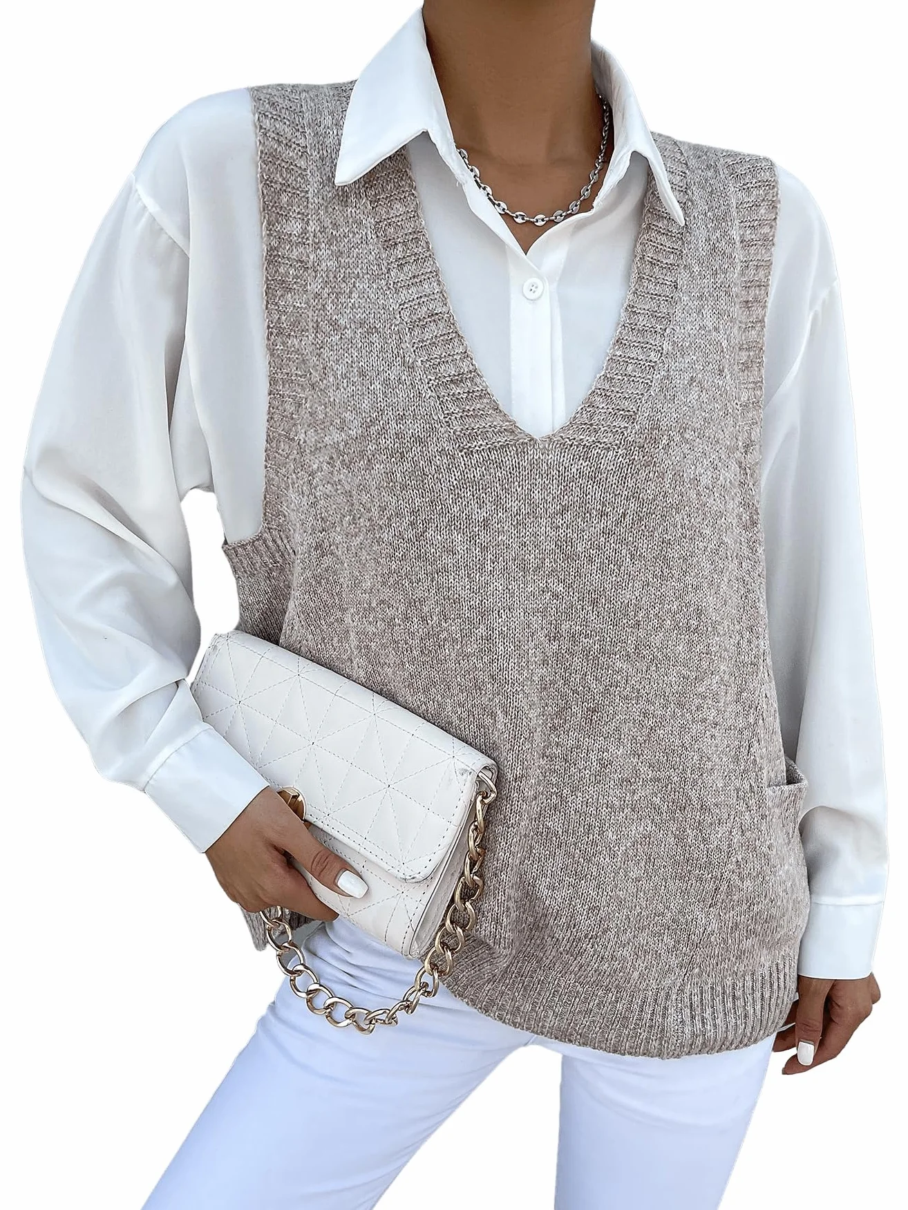 GORGLITTER Damski sweter z dzianiny z kieszeniami, dzianina żeberkowa, dekolt w serek, kamizelka z dzianiny, na czas wolny