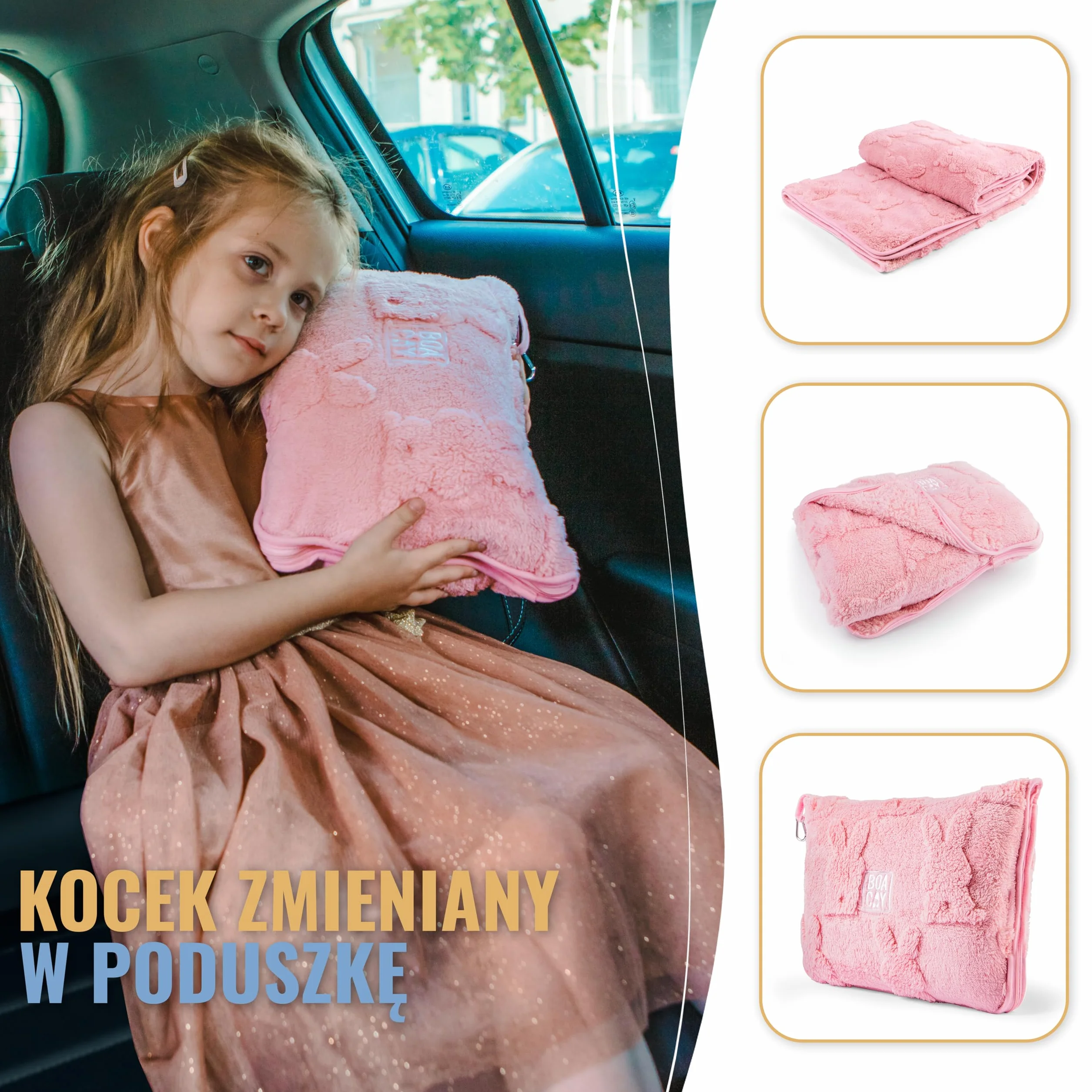 BOACAY Podróżna Kocówka Dla Maluchów do Użytku w Samolocie, Samochodzie - Miękki Koc na Rzucanie dla Dzieci na Opiekę Dziennej - Poduszka dla Dziewczynek, Chłopców z Klipem na Plecak, Rękaw na Bagaż
