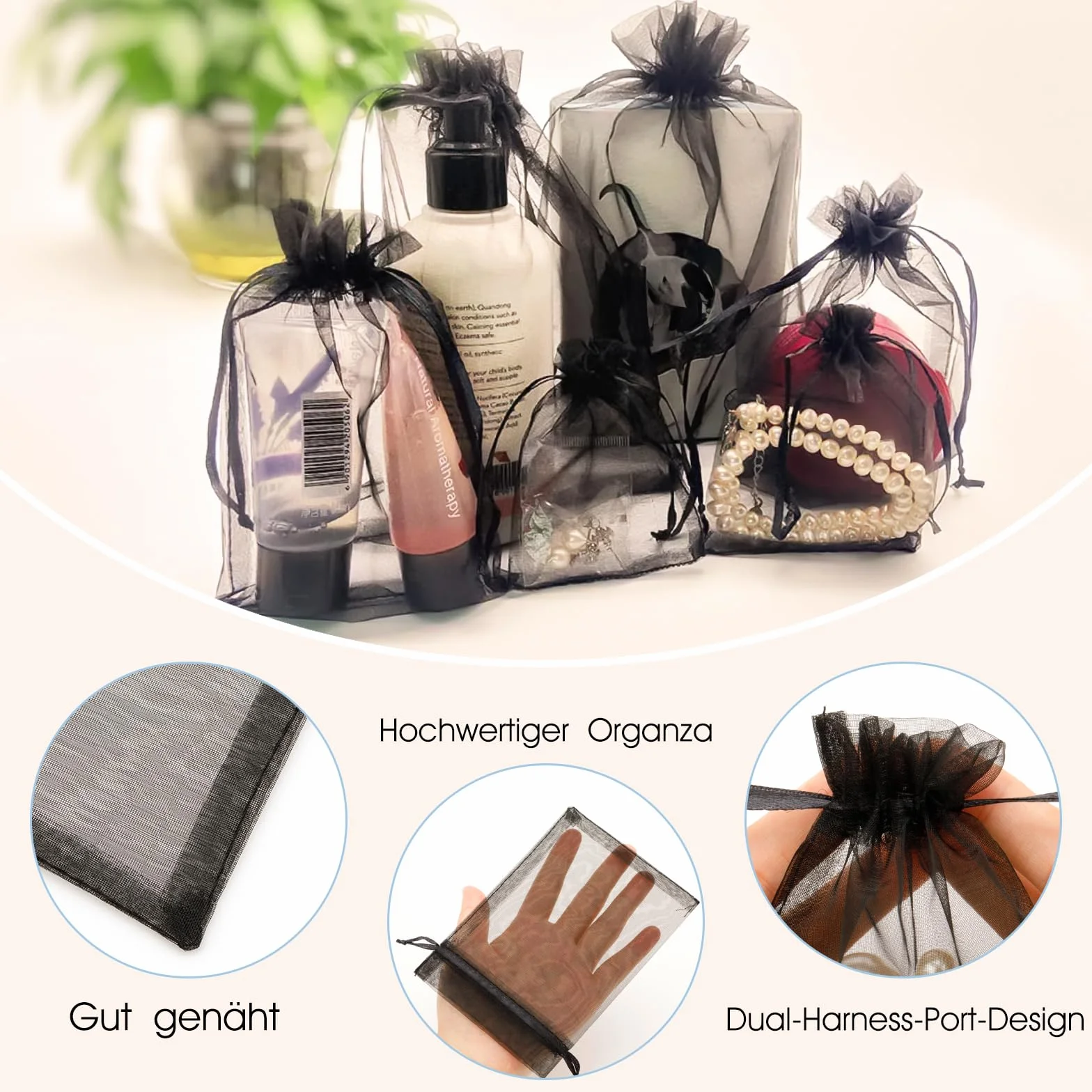 jijAcraft Woreczki z organzy ślubne czarne woreczki z organzy 10 x 15 cm, 50 sztuk ze sznurkiem, na słodycze, na biżuterię, torebki na prezenty weselne