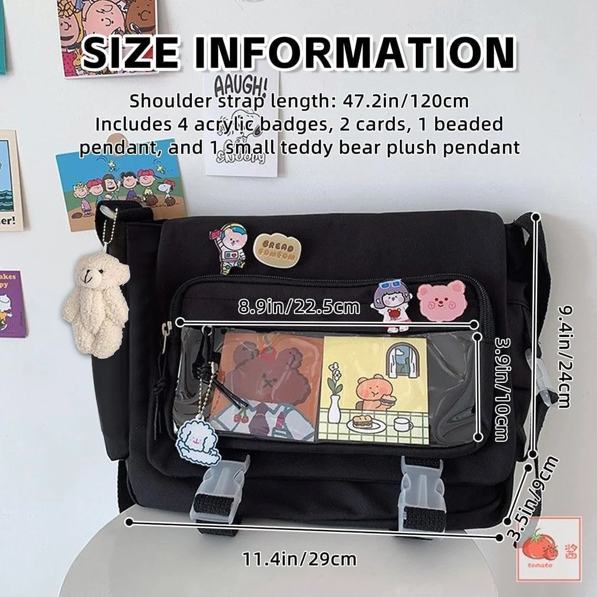Kawaii Crossbody Ita torba damska z pinami i pluszowym misiem - japońska torba kurierska Y2K torba na ramię