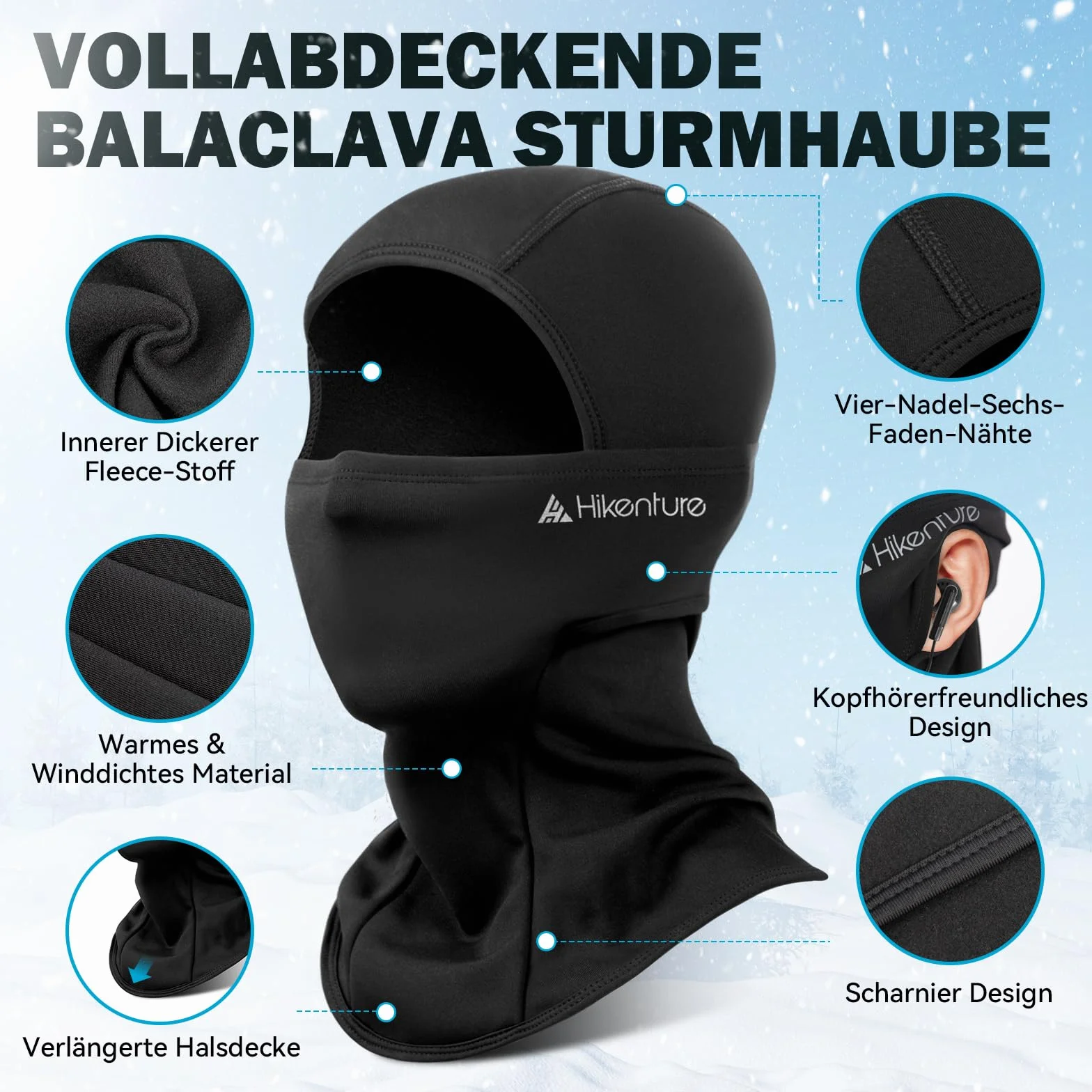 HIKENTURE Kominiarka zimowa, Balaclava dla mężczyzn i kobiet, wiatroszczelna maska czarna, ciepła maska narciarska na motocykl i rower, maska narciarska, kominiarki, osłona twarzy na sporty outdoorowe