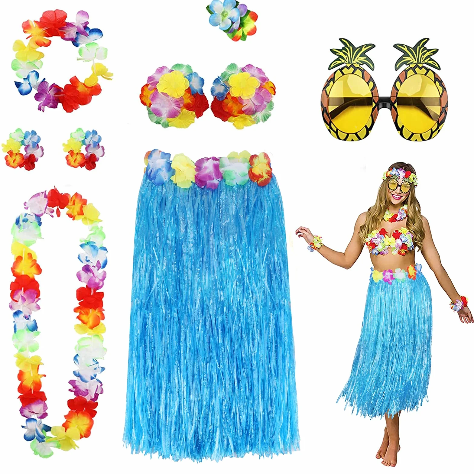PHOGARY 8-pak spódnica hula, zestaw kostiumowy na imprezę hawajską Luau – tańcząca hula z kwiatowym topem bikini, hawajska lei