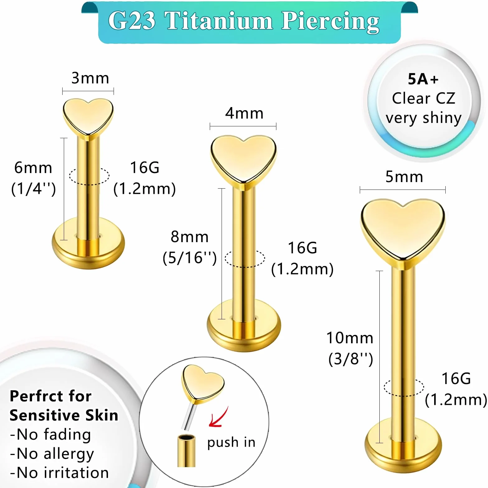 G23 tytanowy tragus piercing biżuteria helix labret kolczyk do nosa wargi kolczyk do chrząstki kolczyk Medusa Monroe hipoalergiczny bez nici wciskany płaski tył srebrny złoty CZ 16g 6mm 8mm