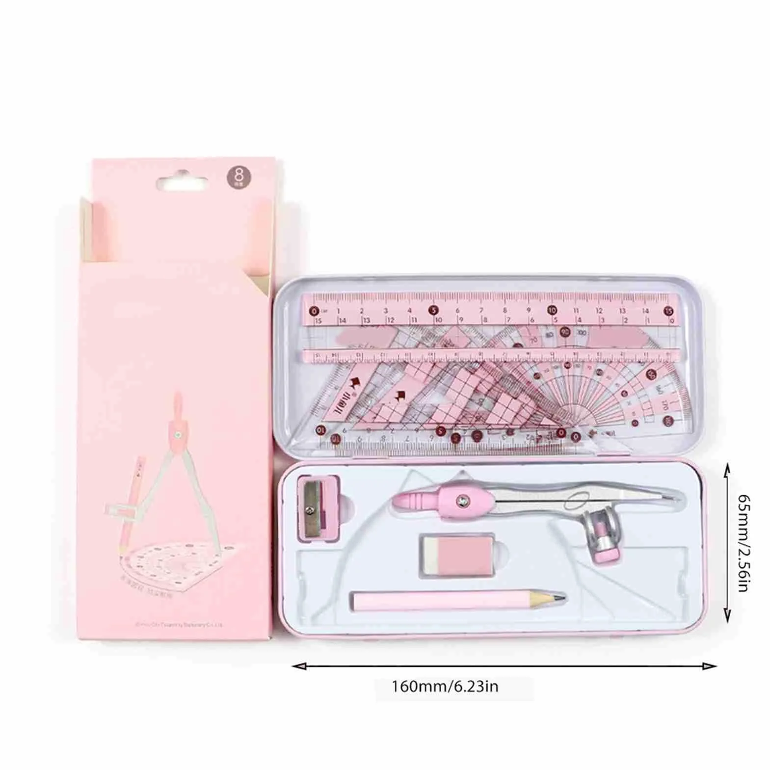 8-częściowy Zestaw Geometrii Matematycznej Materiały Szkolne z Linijkami Kątomierz Kompas Gumka Temperówka do Szkolnego Biura Praca w Domu (PINK)