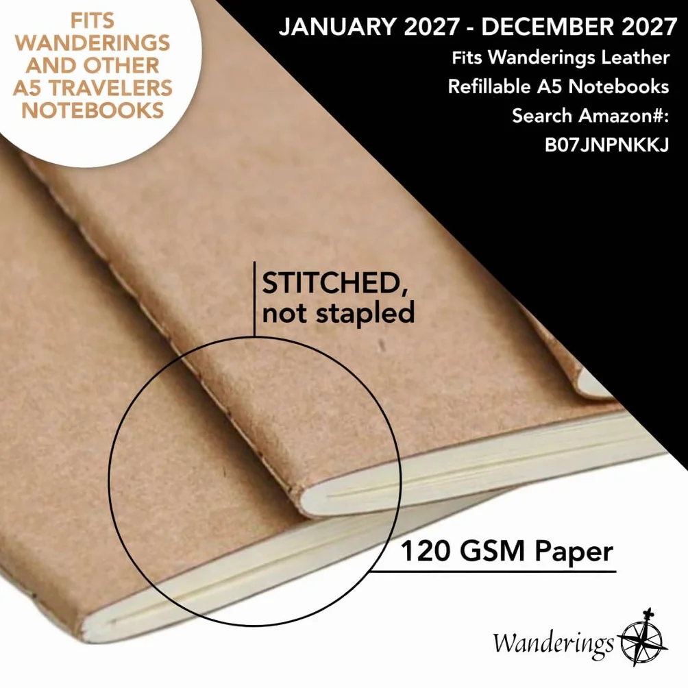 Wanderings Wkłady Uzupełniające do Kalendarza A5 Traveler's Notebook, 5,8 x 8,4 (14,2 x 21 cm), Stycznia 2027 -Grudnia 2027, Wkłady do Planera Skórzanych Dzienników Podróżnych, Pamiętników I Plannerów