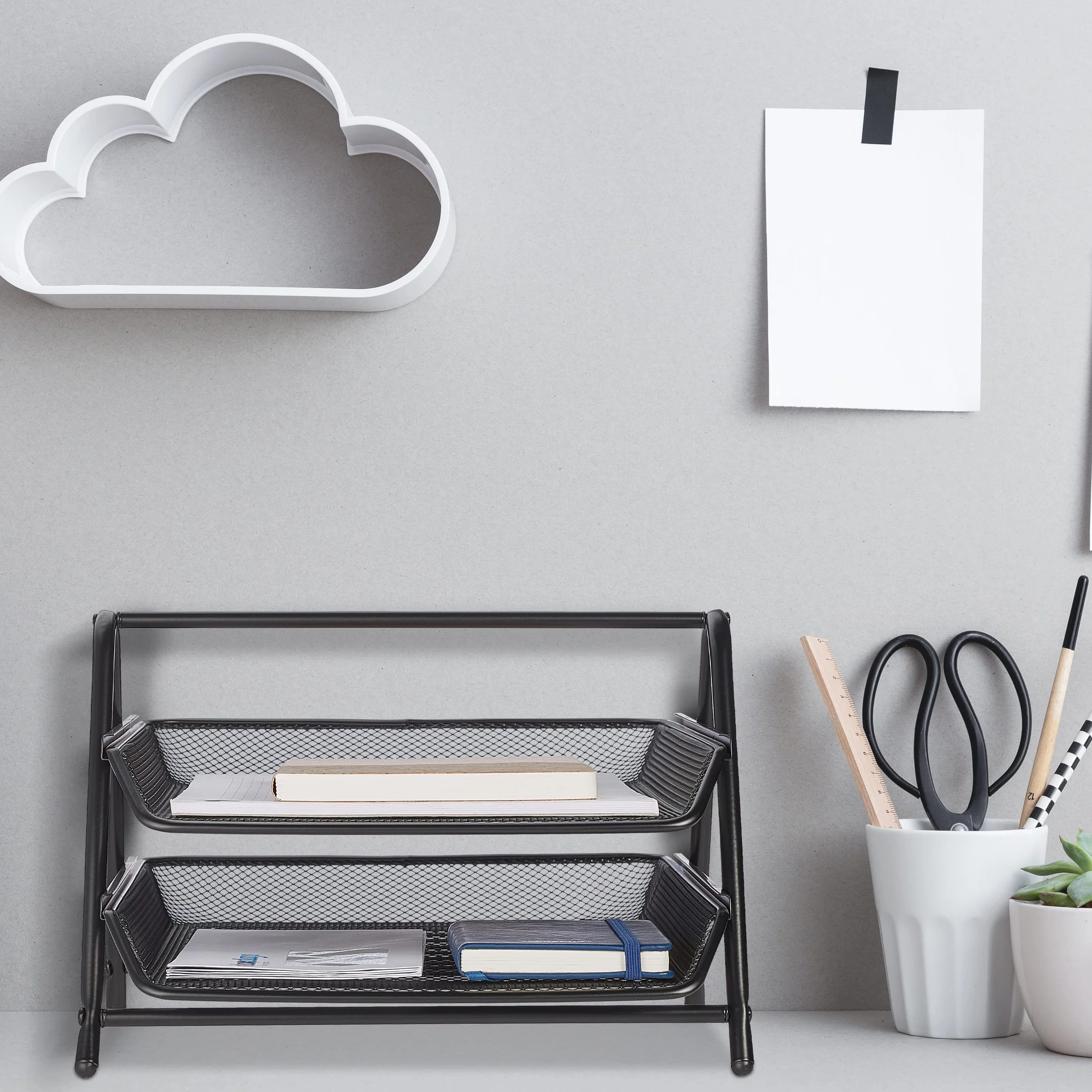 Relaxdays Półka na dokumenty, 2 przegródki, półka biurowa na format A4, wys. x szer. x gł.: 20,5 x 30 x 35,5 cm, siatka metalowa, półka na listy, czarna