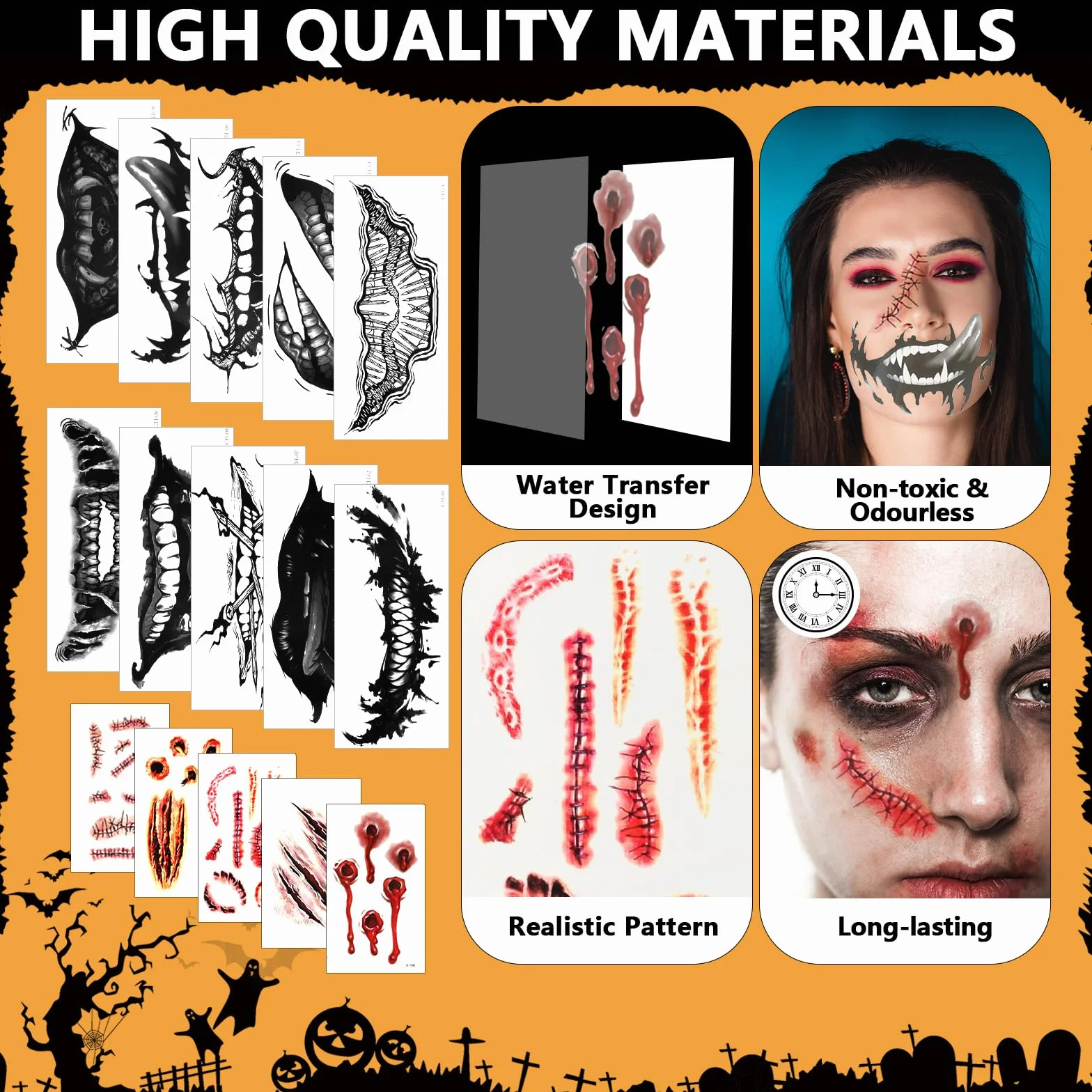 KATIMI 15 sztuk Halloween Twarz Usta Tatuaże Naklejki Halloween Blizny Tatuaż Rany Halloween Wodoodporne Tymczasowe Tatuaże Halloween Zombie Wampir Na Imprezę Dekoracje