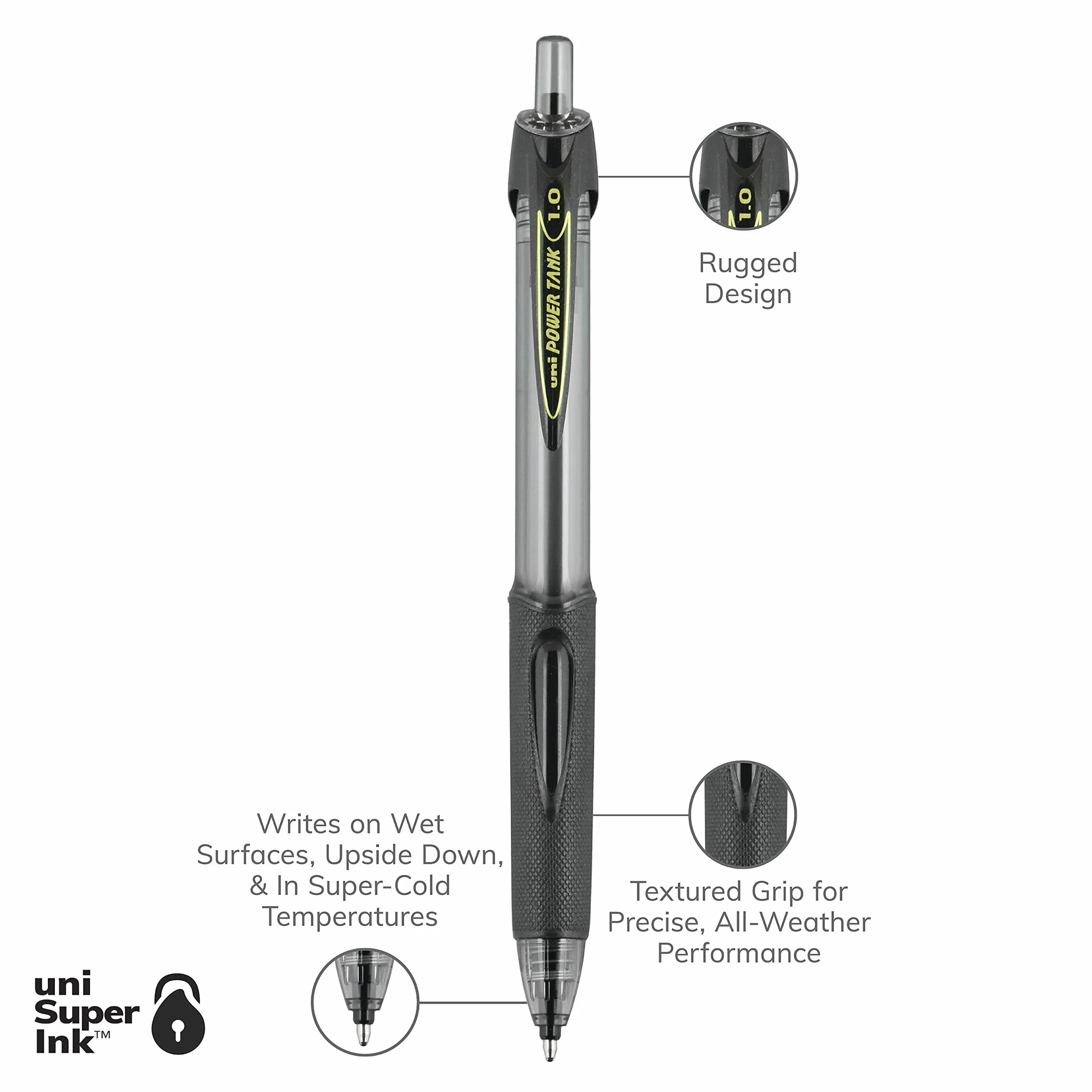 uni-ball - 42070 PowerTank wysuwane długopisy kulkowe, pogrubiony punkt (1,0 mm), czarna beczka, czarny atrament, 12 sztuk