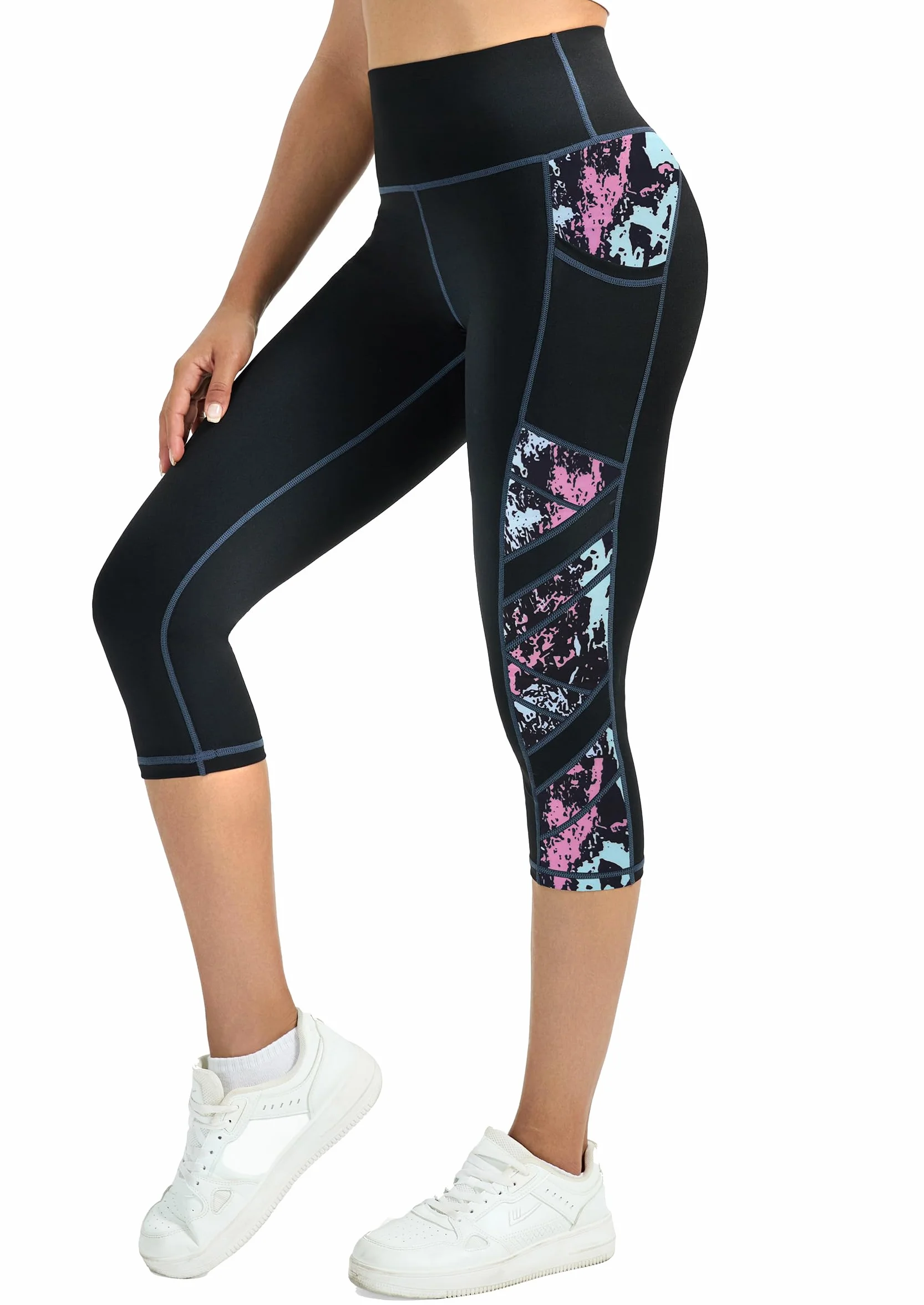 Sportowe legginsy damskie, wysoka talia, elastyczne spodnie sportowe, wyszczuplające brzuch, damskie długie legginsy slim fit, spodnie sportowe damskie 3/4, legginsy sportowe 3/4, legginsy damskie