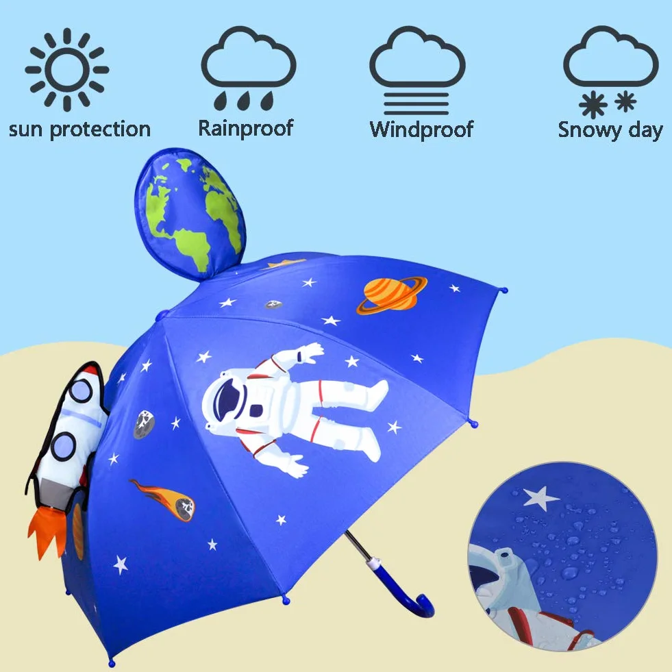 CAPMESSO Kids Umbrella Boys 3D - Boys Parasol Space Astronaut Umbrella UV 50+ Protection, Windproof, Suit for School Kids, Kindergarten Kids, Gift for 3-6 Years Girls, Boys