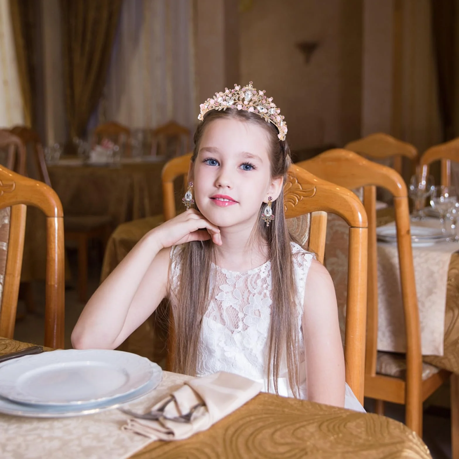 Mikovivi Różowa Tiara dla Dziewczyn, Kryształowa Korona Księżniczki z Klipsami do Uszu Opaska Włosów Korona Ślubna z Kryształkami Tiara na Bal Maturalny Opaska na Głowę na Przyjęcie Urodzinowe Wesele