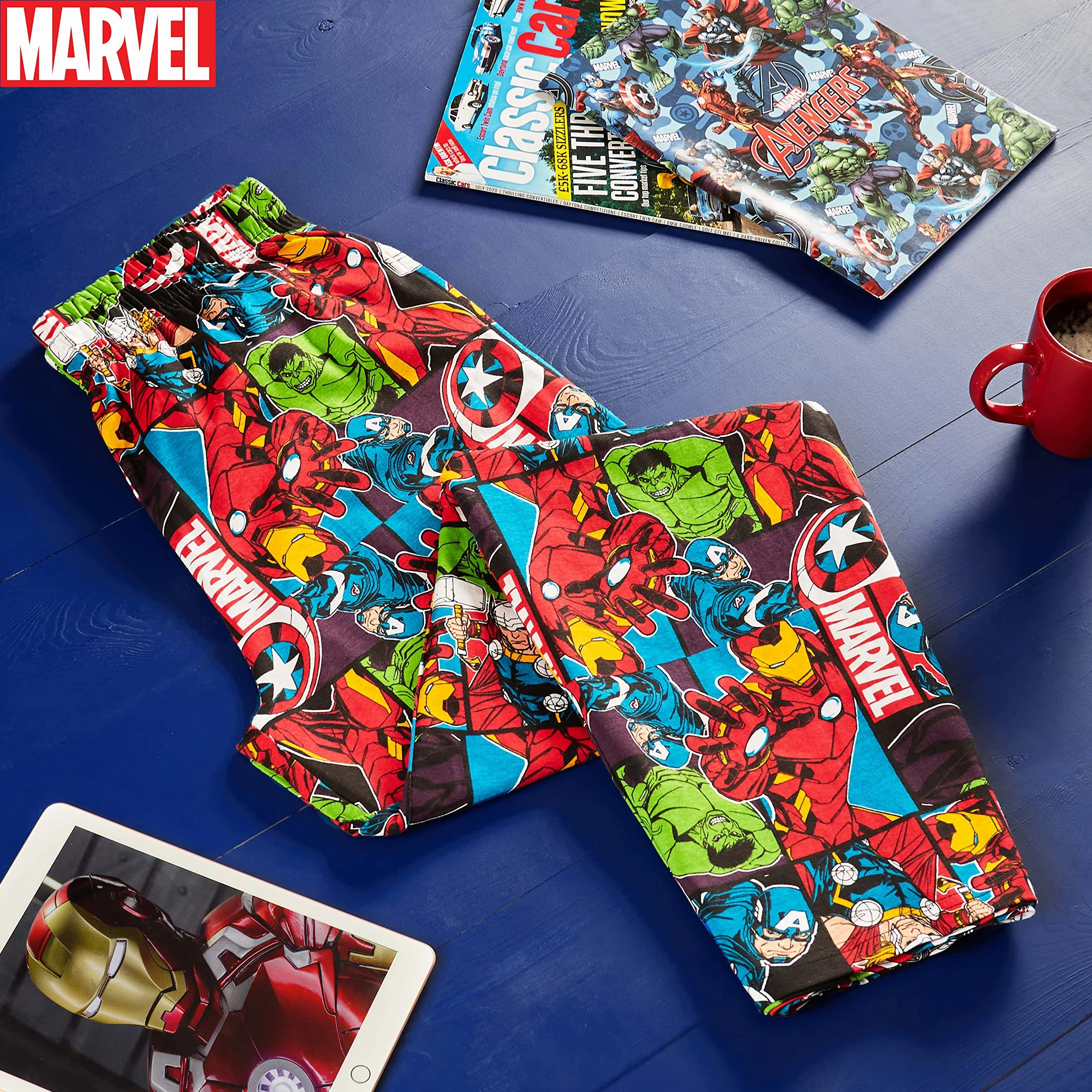 MARVEL Męska piżama, Avengers Lounge Pants Mężczyźni z Kapitanem Ameryką Iron Man Thor i Hulk, 100% bawełna bielizna nocna męskie spodnie piżamowe, oficjalne artykuły prezenty dla mężczyzn nastoletnich chłopców