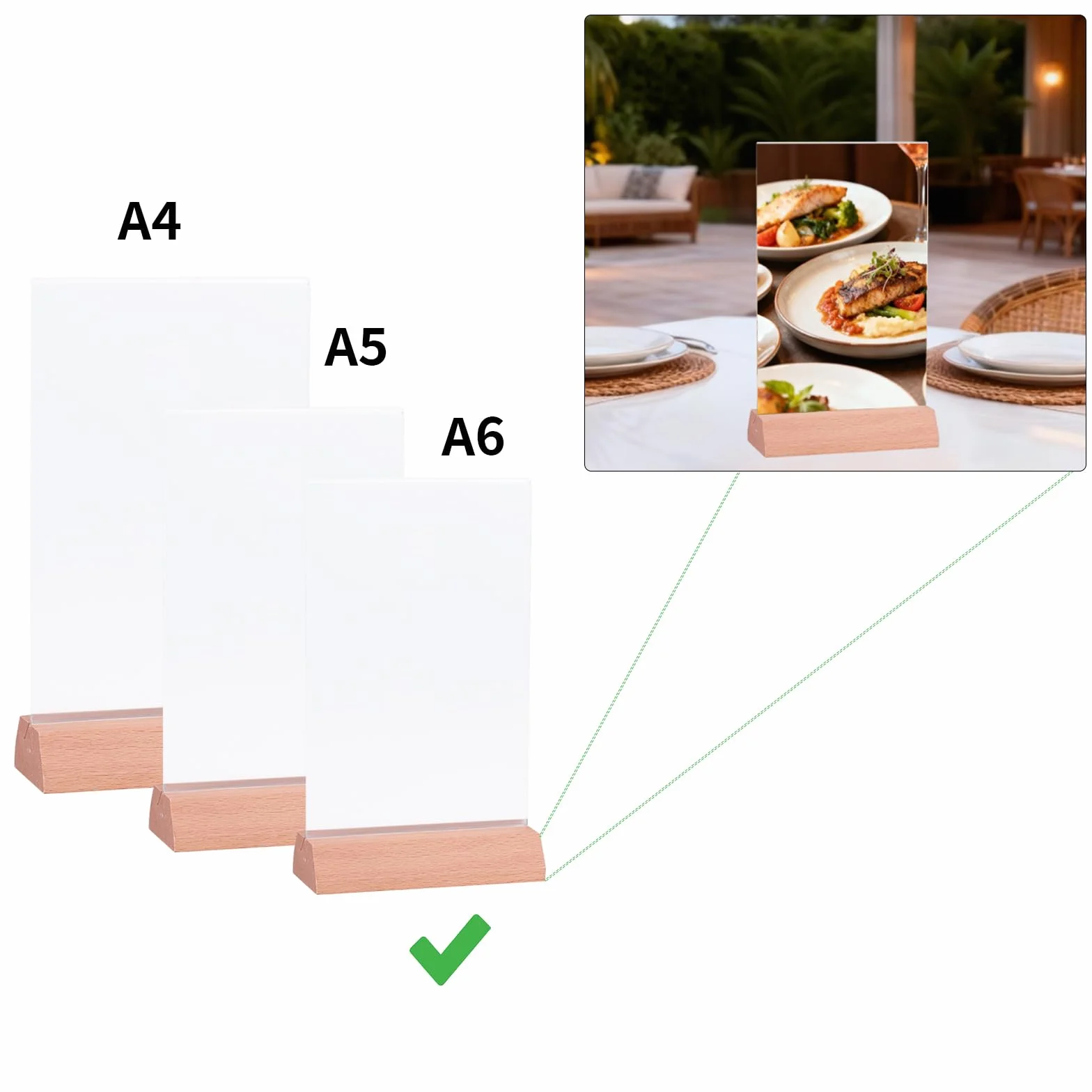 Stojak A6, ekspozytor stołowy, 6 sztuk uchwytów w kształcie litery T, z drewnianą podstawą, A6, stojak reklamowy, stojak reklamowy T na dokumenty barowe, do hotelu, restauracji