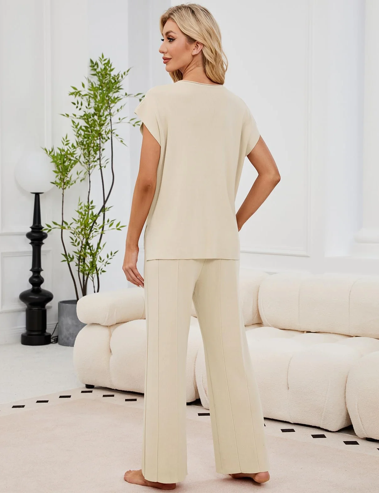 UMIPUBO Damski dres damski, 2-częściowy, elegancki, dres treningowy z rękawami bez okrągłym dekoltu, elastyczny ściągacz, spodnie do domu, na co dzień, fitness