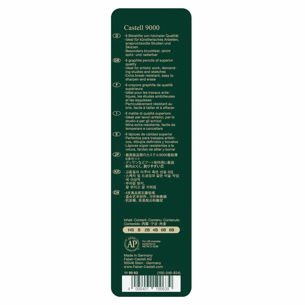 FABER-CASTELL 119063 – Ołówek Castell 9000, 6 ołówków rysunkowych, twardość HB, B, 2B, 4B, 6B i 8B