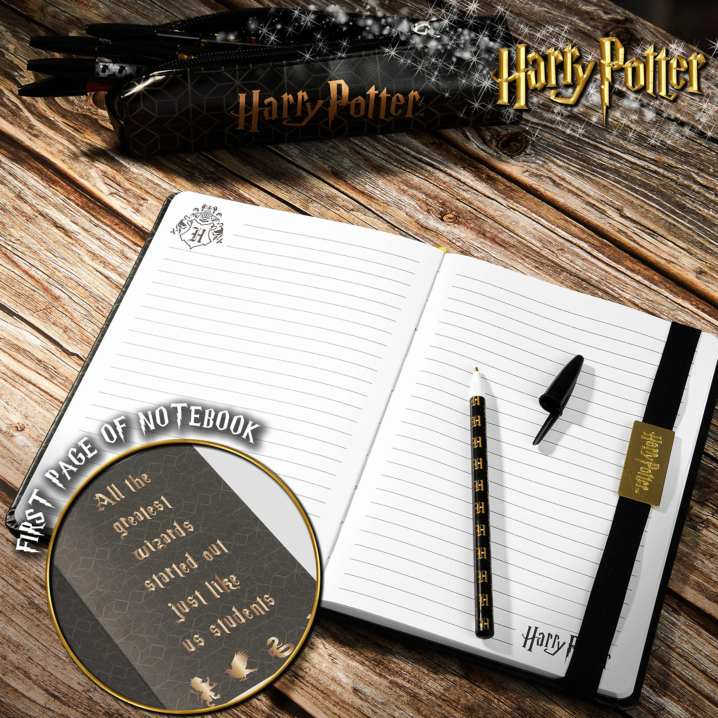 Harry Potter Notatnik A5 i Piórnik dla Dziewczynek i Chłopców z Długopisami, Przybory Szkolne dla Dzieci i Nastolatków (Czarny/Złoty)