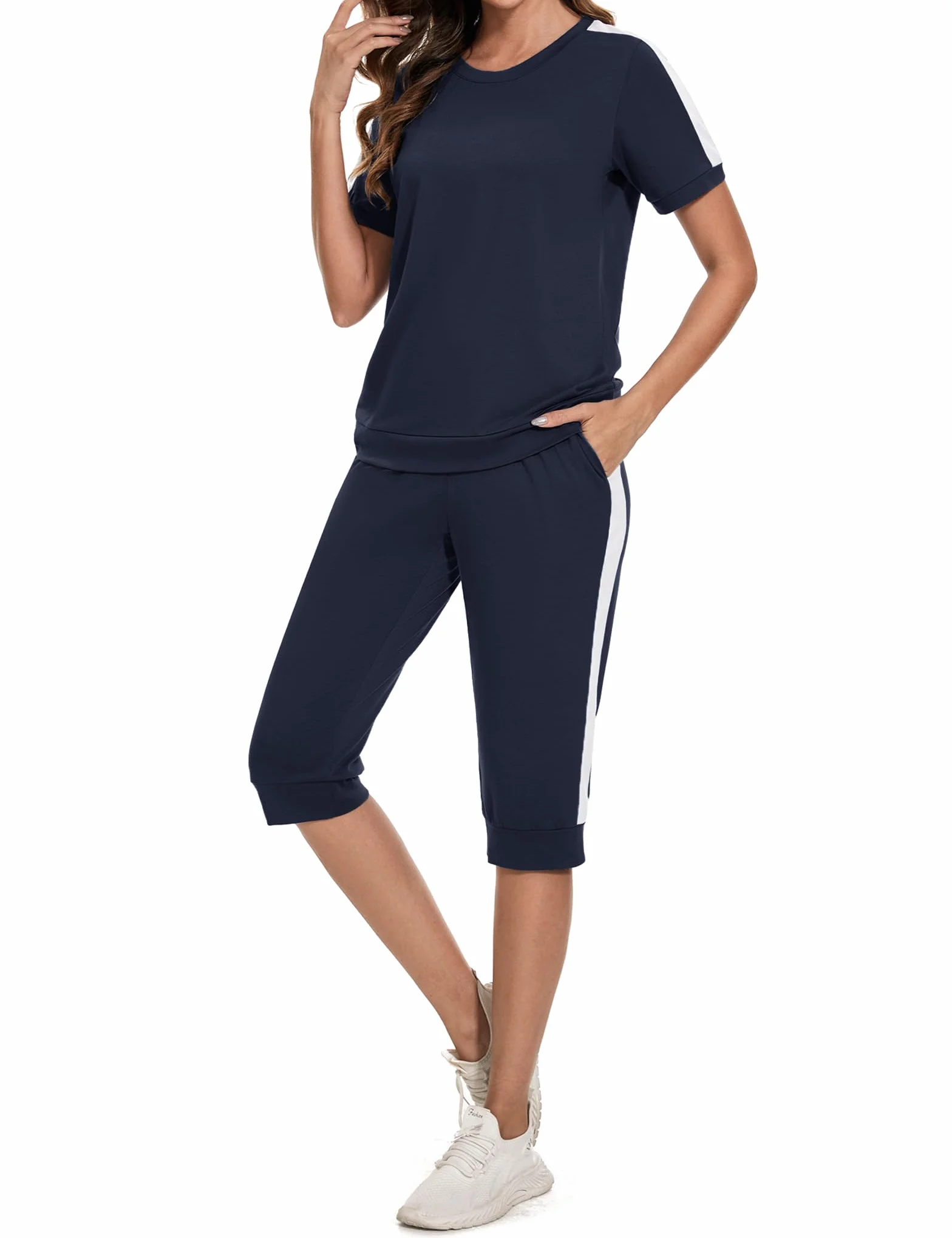 Aottori Dres do joggingu, damski zestaw, okrągły dekolt, krótkie rękawy, dwuczęściowy, elegancki strój domowy, strój rekreacyjny