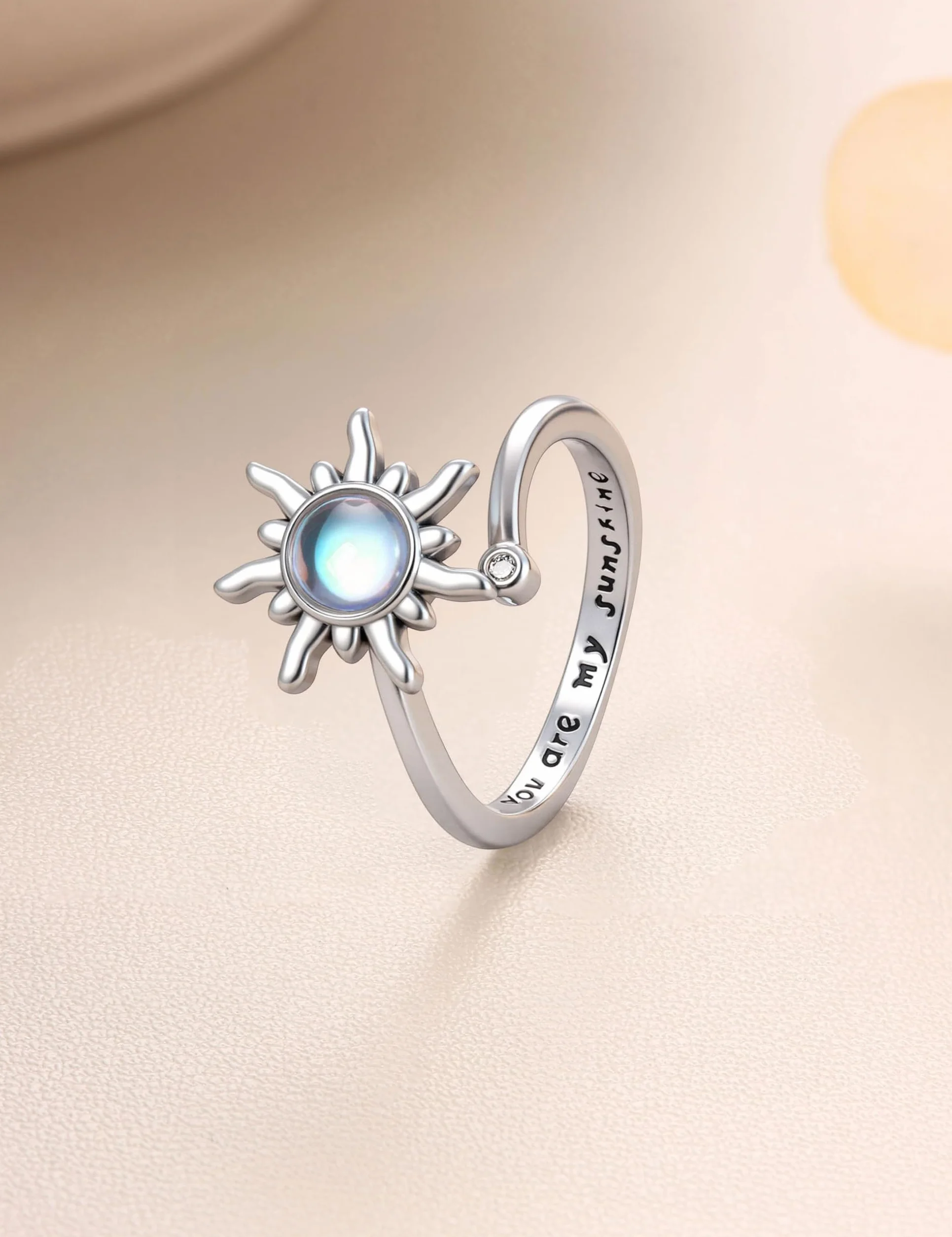 MILACOLATO Fidget pierścionek dla kobiet, dzieci, dziewcząt, pierścienie lękowe, otwarte, regulowane, srebrny, słonecznik, opal, kamień księżycowy, gwiazda, księżyc, śnieg, lotos, spinner, nastrojowe