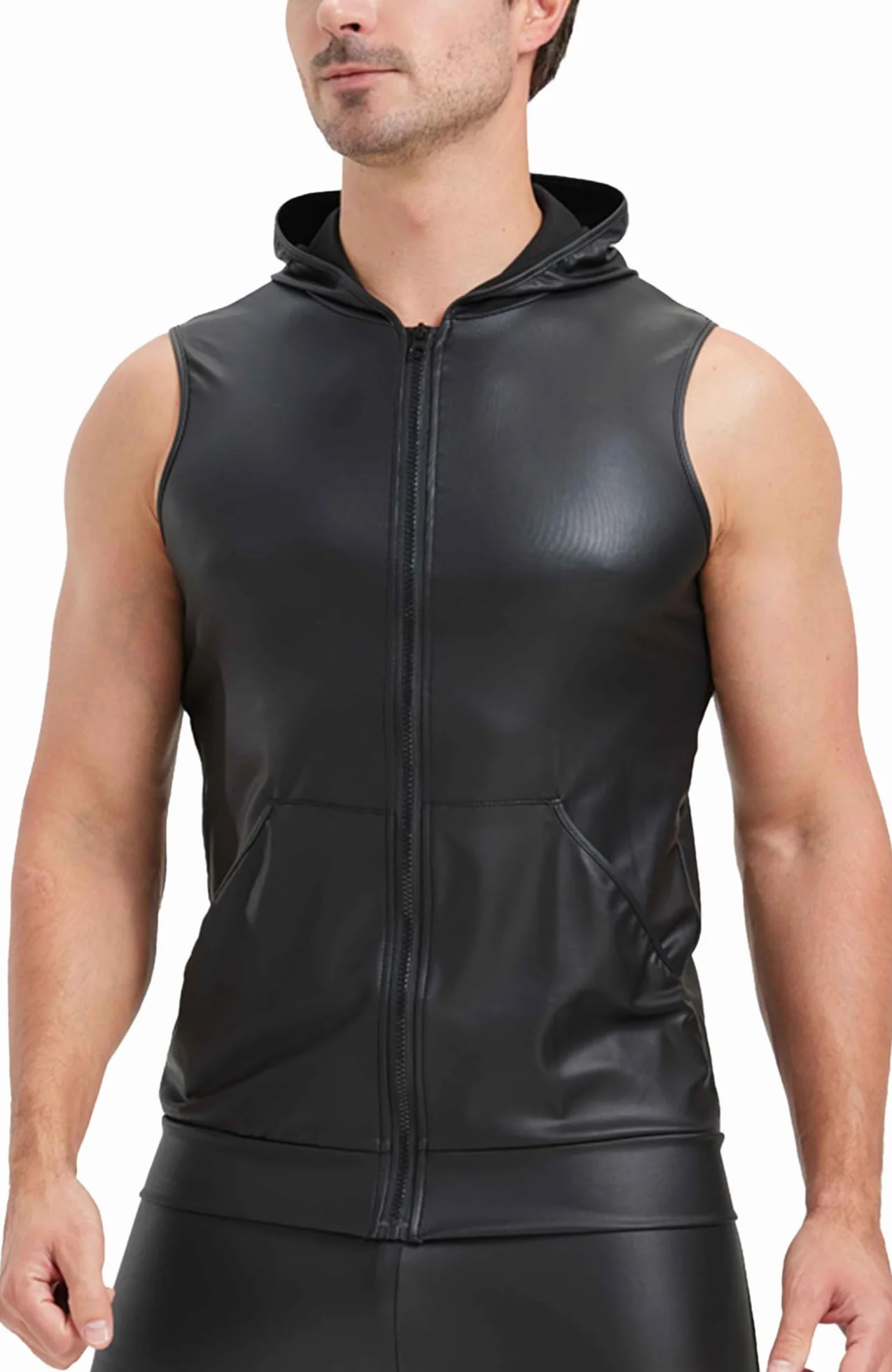 FEOYA Lateksowe koszule męskie, bez rękawów, podkoszulek seksowny wetlook, t-shirt, podobny do lateksu, czarny, skóra PU, bez rękawów, erotyczny top męski