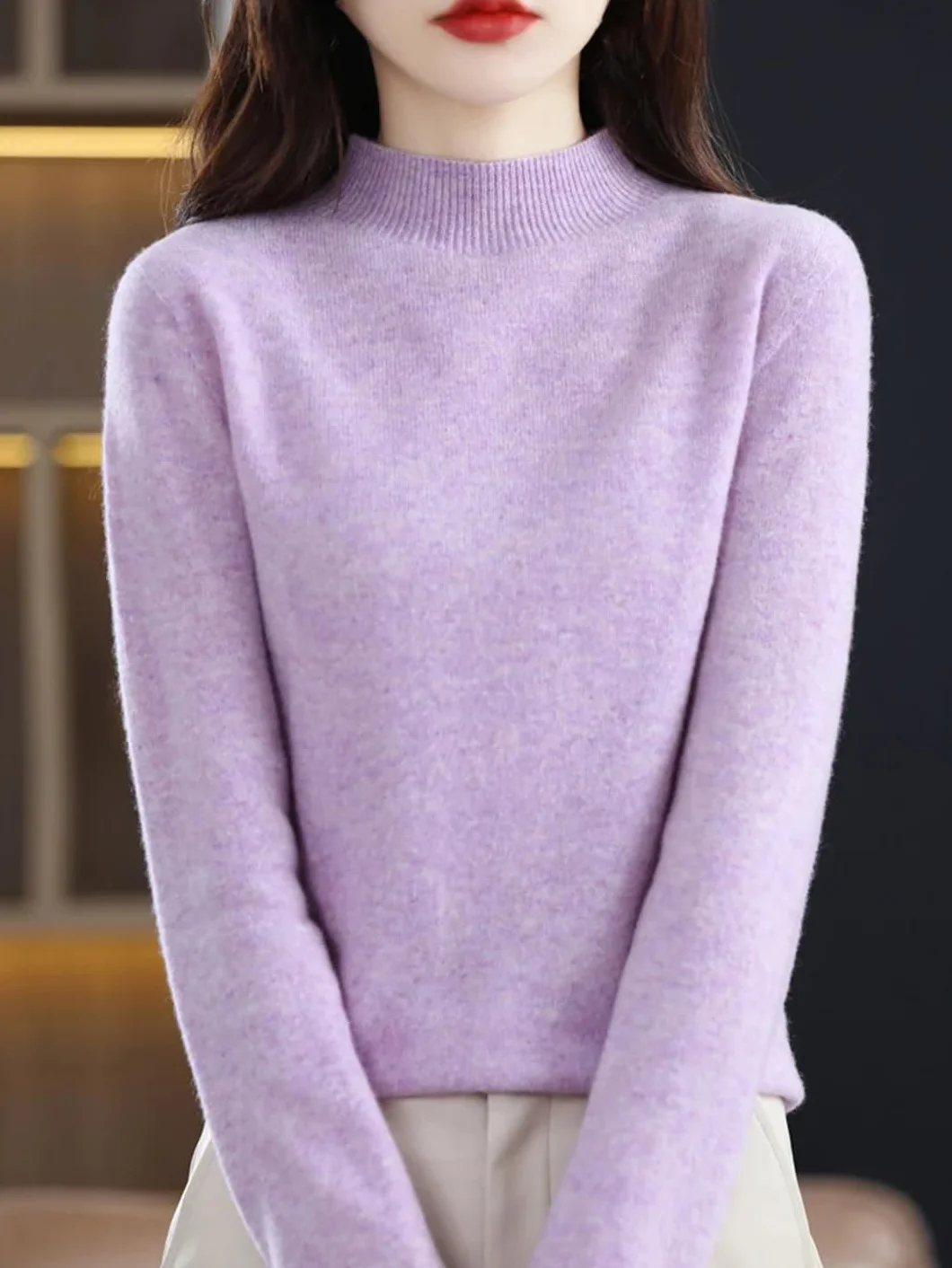 Jesień Zima Damski Podstawowy Sweter Mock Neck Sweter Wełna Merino Długi Rękaw Solidny Kaszmir Dzianinowe Ubrania