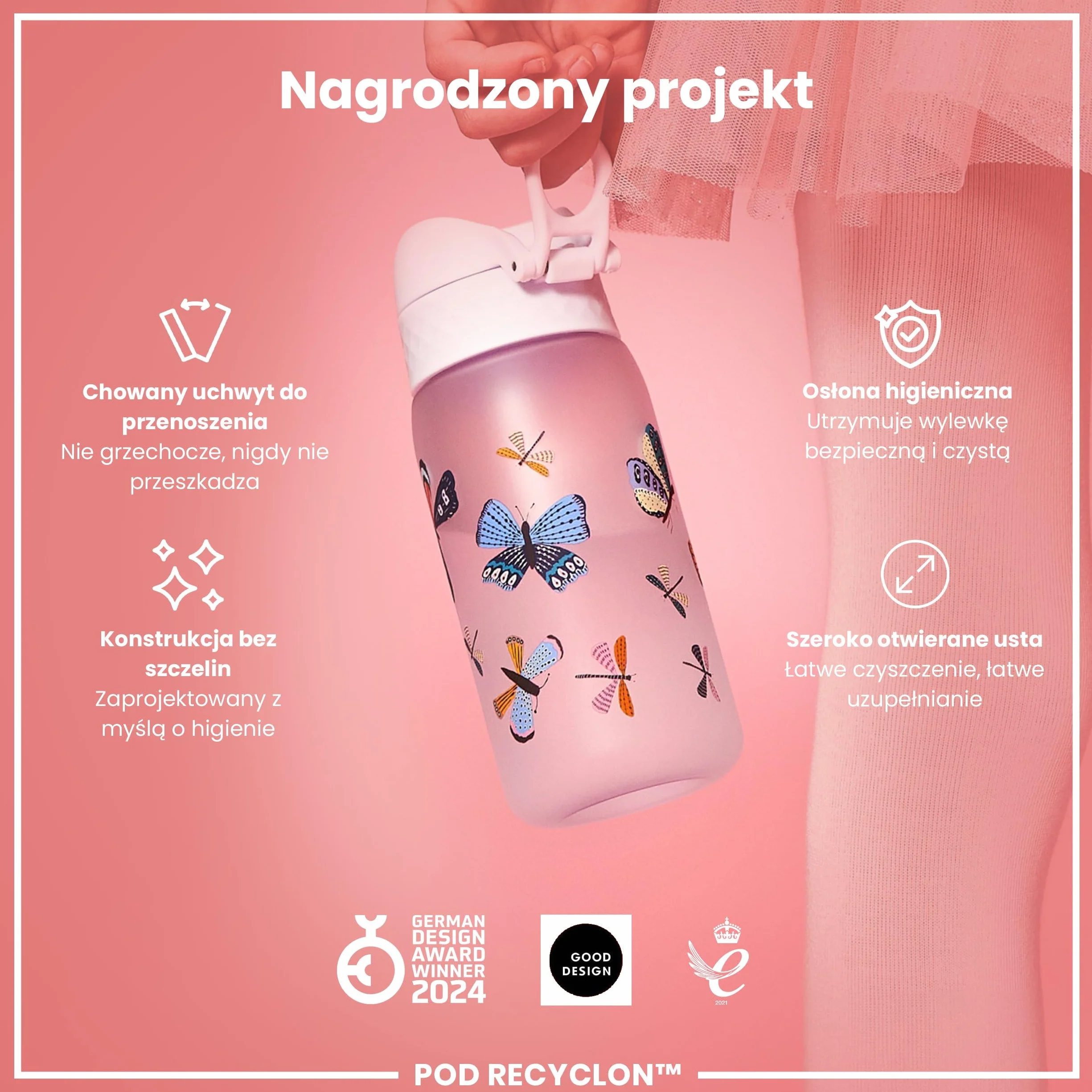 ION8 Butelka dla Dzieci, 350 ml/12 oz, Szczelna, Łatwa do Otwarcia, Bezpieczny Zamek, Można Myć w Zmywarce, Bez BPA, Uchwyt do Przenoszenia, Łatwa do Czyszczenia, Bezwonny, Wzór Motyle