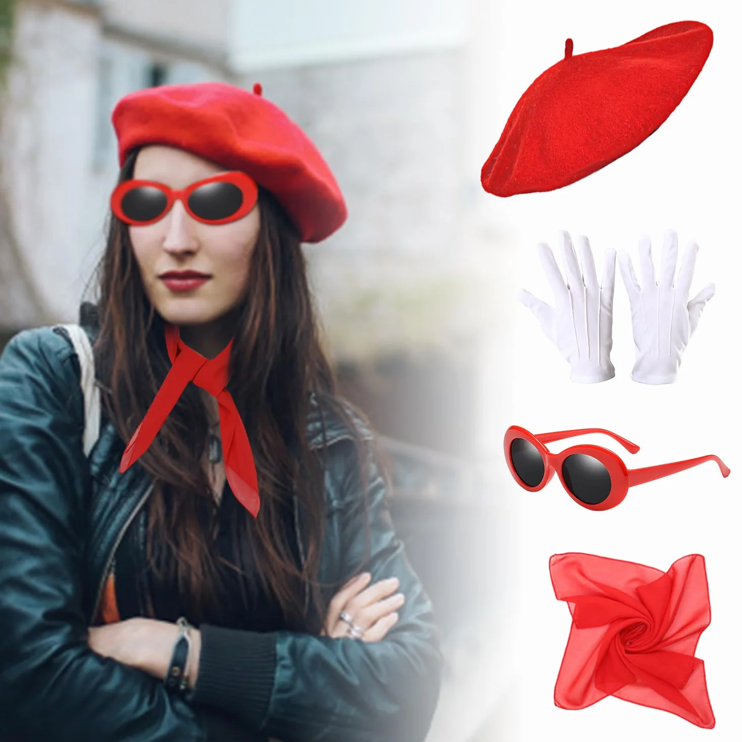 1 x zestaw kostiumów, beret, jedwabny szalik, okulary, rękawiczki, kostium na studniówkę, akcesoria do stroju retro, cosplay, na imprezę, akcesoria do przebrania urodzinowego, Czerwona