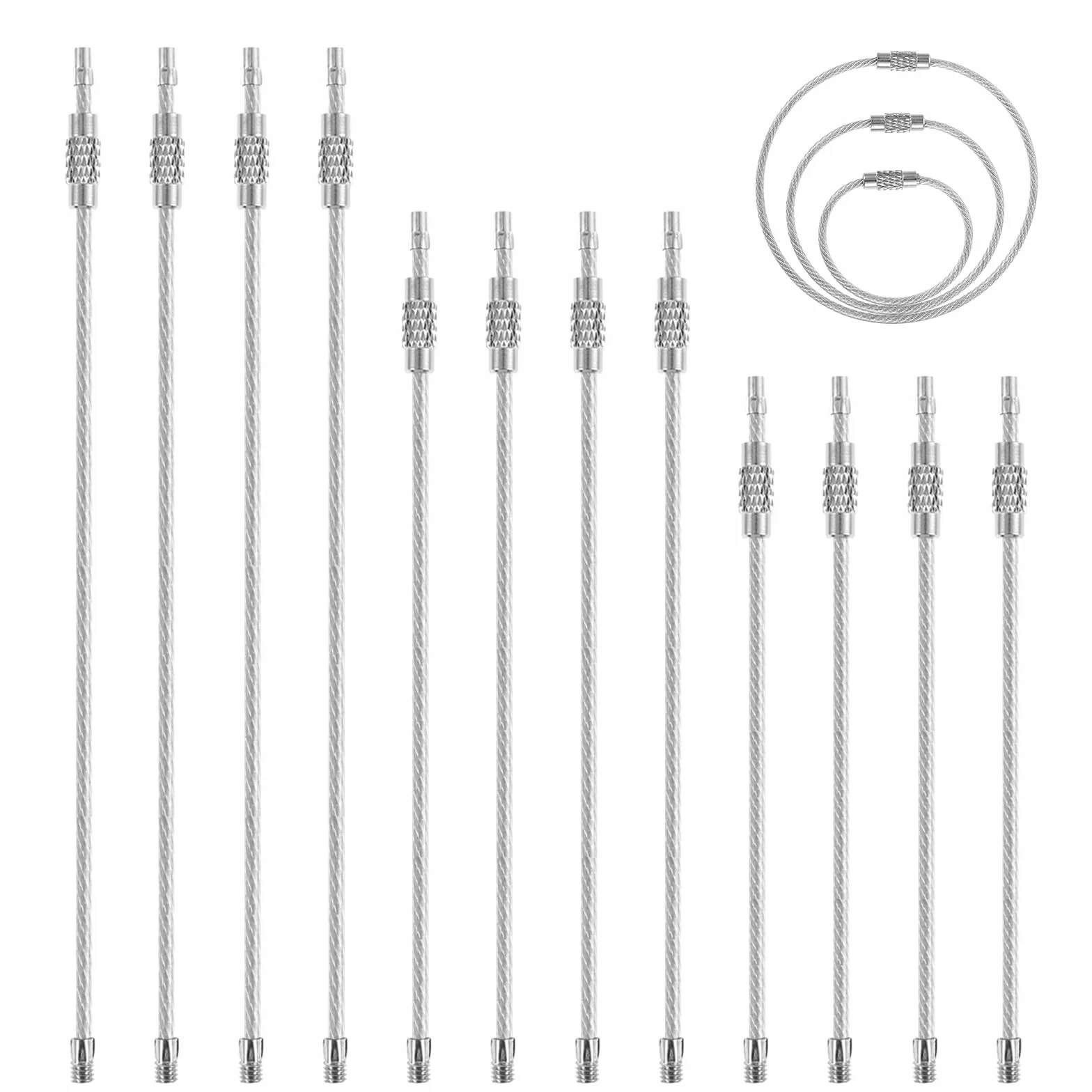 12 sztuk drutowych kółek na klucz, linka druciana 1,5 mm, stal nierdzewna, miękkie kółko z zamknięciem obrotowym, 20/15/10 cm, srebrne kółka do breloków