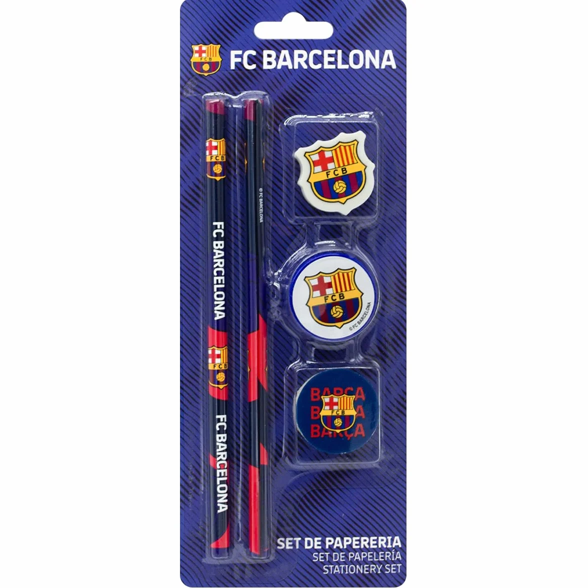 Zestaw artykułów piśmienniczych FC Barcelona zawiera 2 ołówki, 1 temperówkę, 2 gumki do ścierania z tarczą Barça Materiały szkolne | Oficjalny produkt
