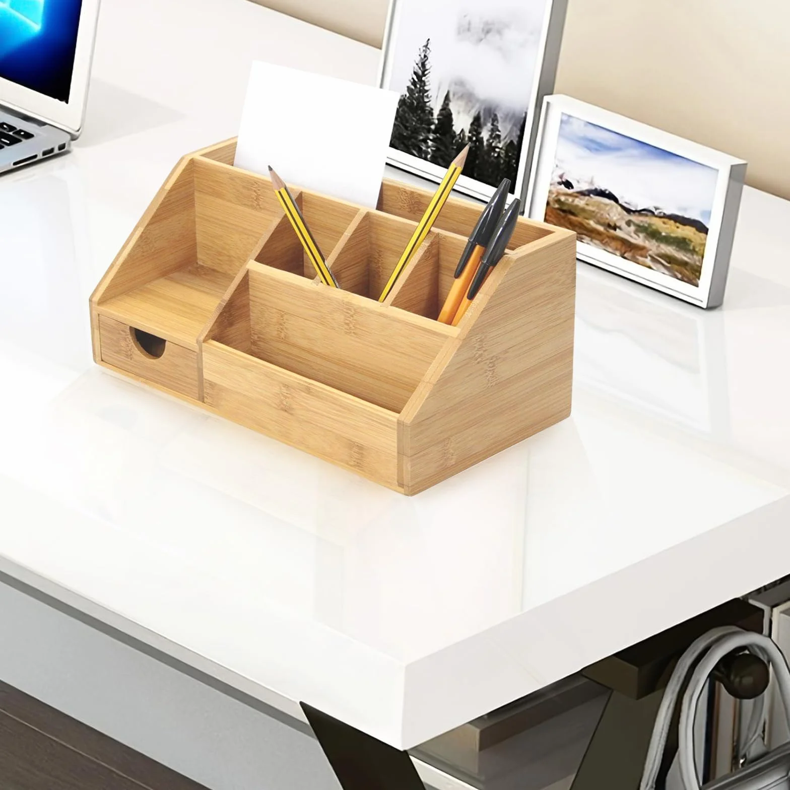 SINJEUN Drewniany organizer na biurko, organizer biurowy z szufladą i uchwytem na długopisy, bambusowy pojemnik na długopisy, półka na biurko, 24,5 x 15 x 11 cm