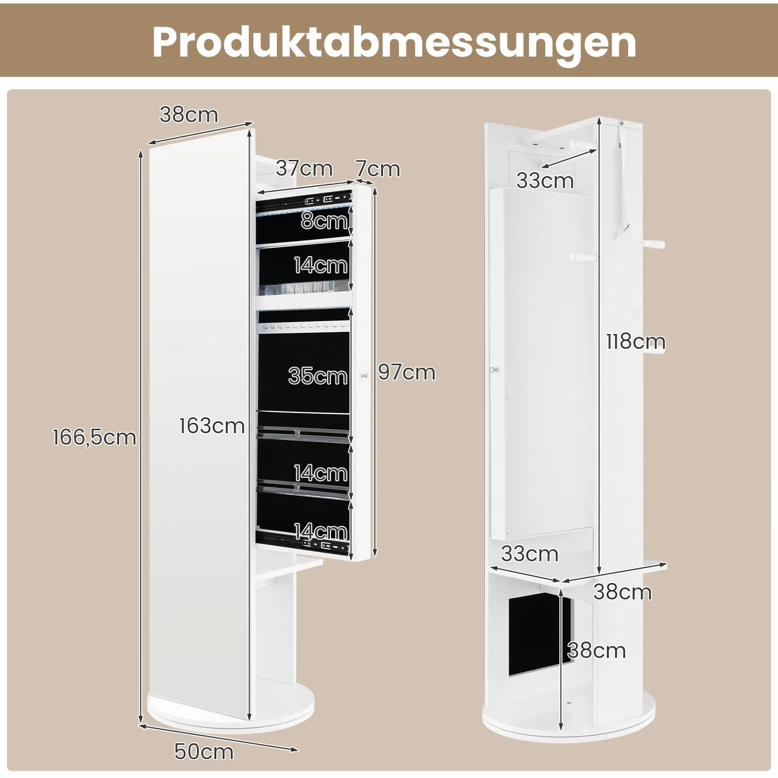 COSTWAY szafka na biżuterię z lustrem, wolnostojąca szafka z lustrem, obrotowa w 360° z diodami LED, organizer na biżuterię i kosmetyki