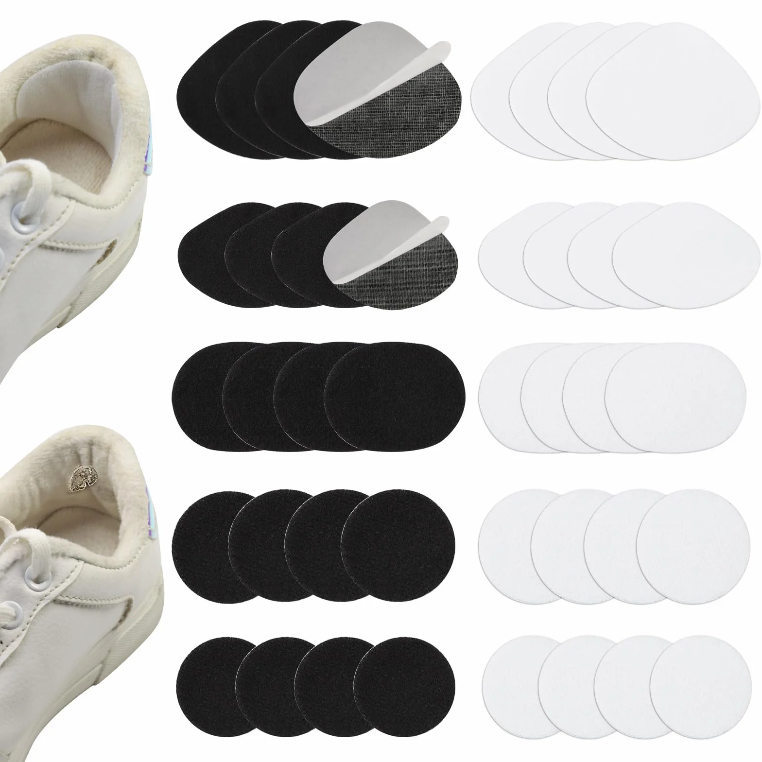 40 sztuk łatek naprawczych do butów, samoprzylepny zestaw naprawczy do pięt butów, łatki naprawcze do sneakersów w kolorze czarnym/białym, naprawa pięt sneakersów w różnych rozmiarach, zestaw do