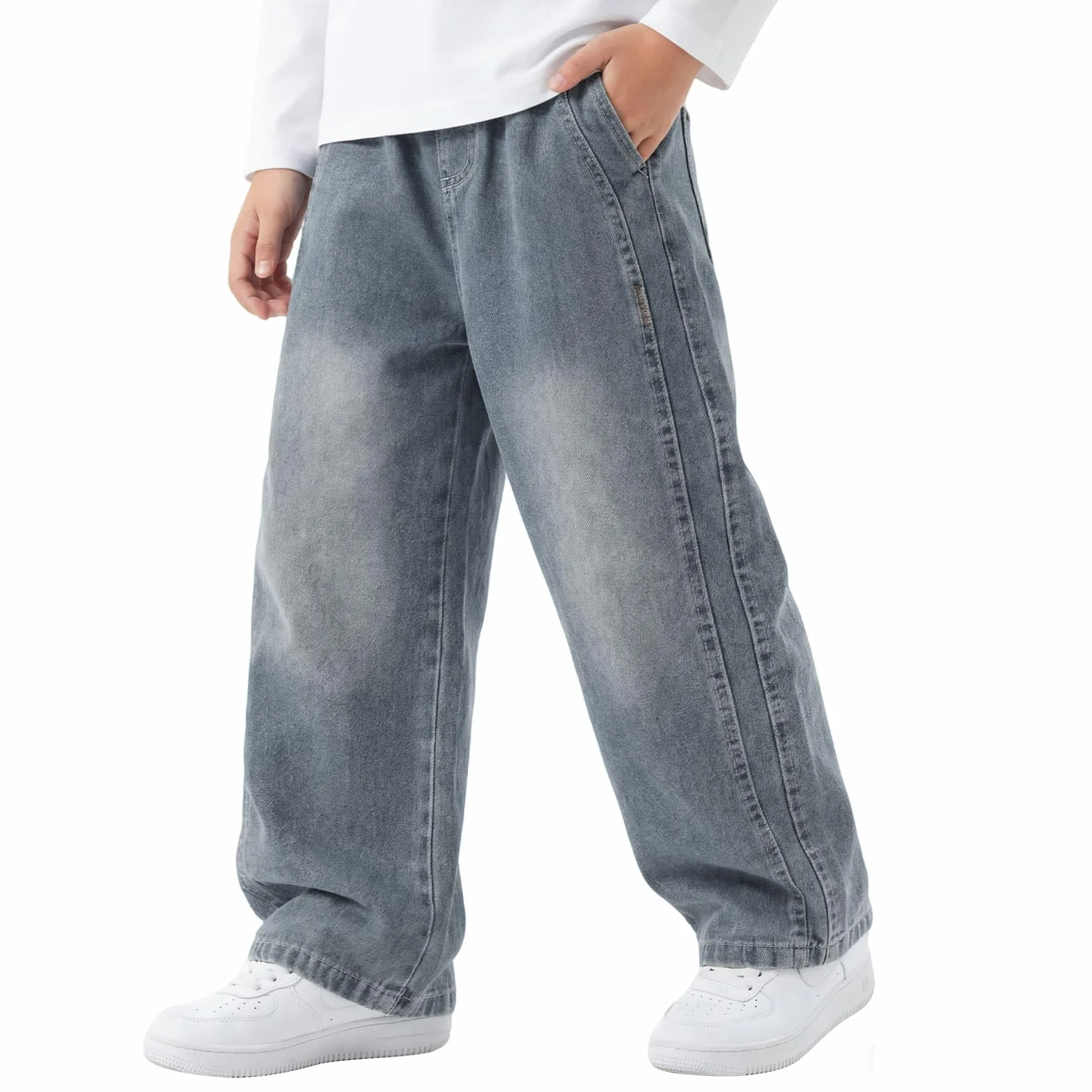 Chłopięce luźne dżinsy z elastyczną talią bojówki z kieszeniami, luźne jeansowe spodnie streetwear dla dzieci w wieku 7-15 lat
