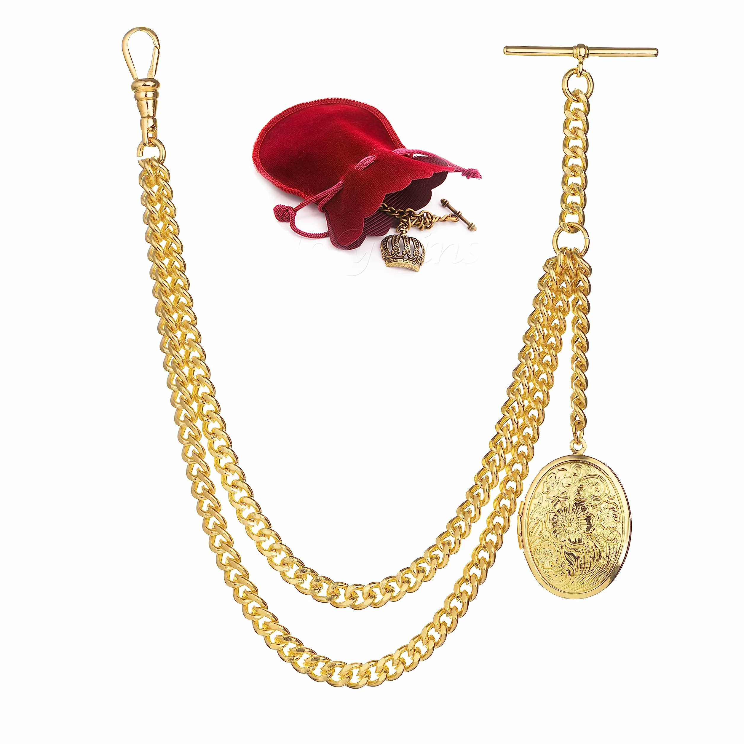 Pocket Watch Chain Złoty łańcuszek do zegarka kieszonkowego z medalionem – styl wiktoriański – podwójny łańcuch typu Albert z zawieszką – 12 cali (30 cm)
