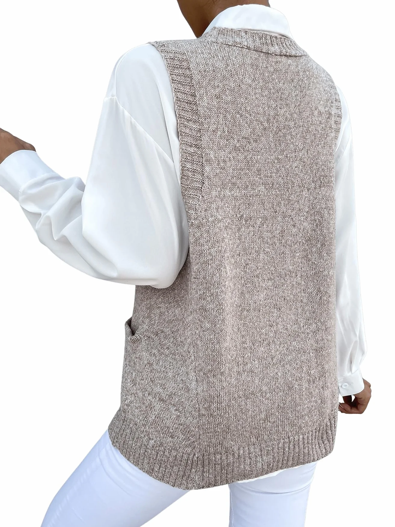 GORGLITTER Damski sweter z dzianiny z kieszeniami, dzianina żeberkowa, dekolt w serek, kamizelka z dzianiny, na czas wolny