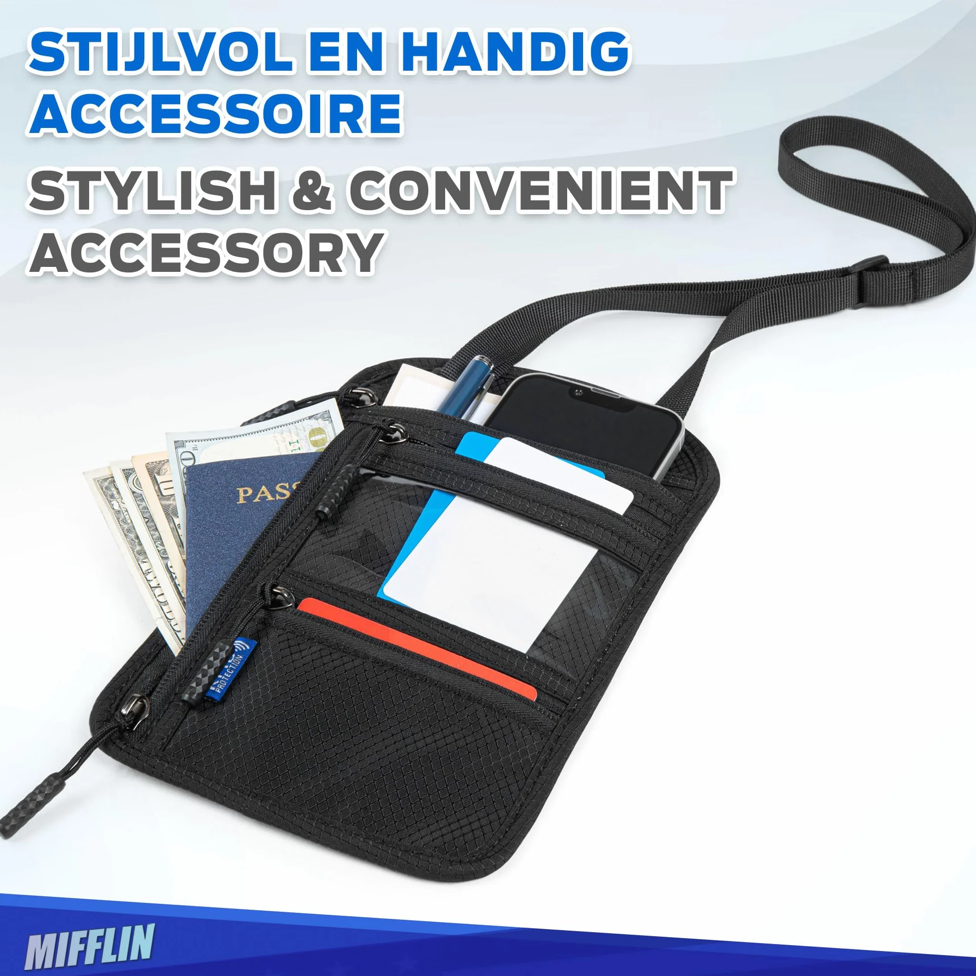 Mifflin Portfel na szyję, etui na paszport, czarna torba podróżna z zabezpieczeniem blokującym RFID, torba antykradzieżowa z wieloma przegródkami