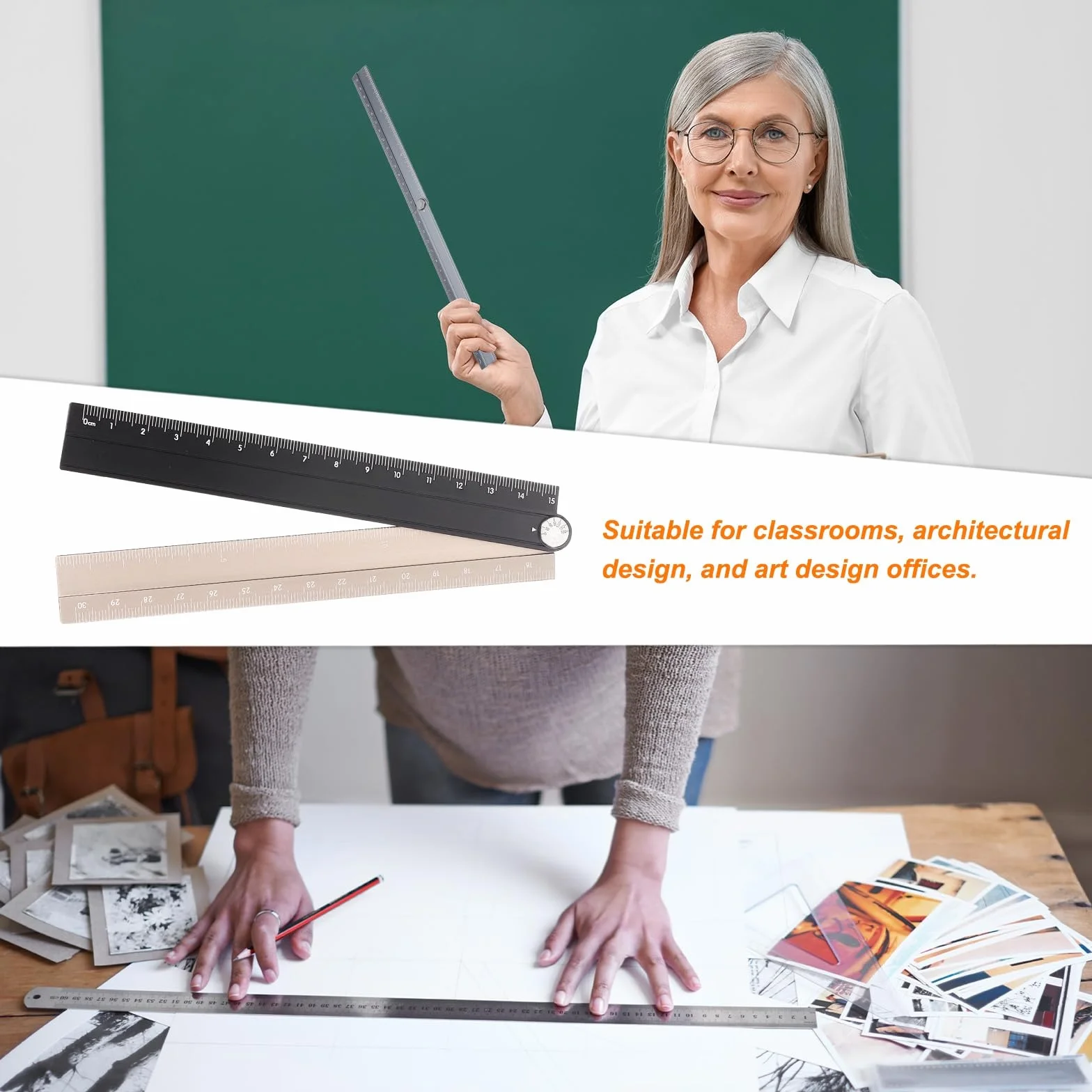 QUARKZMAN Zestaw linijki 30/15 cm, składana linijka, kątomierz, ze stopu aluminium, składana linijka z wydrążonym kółkiem, do domu, biura, czarno-złota