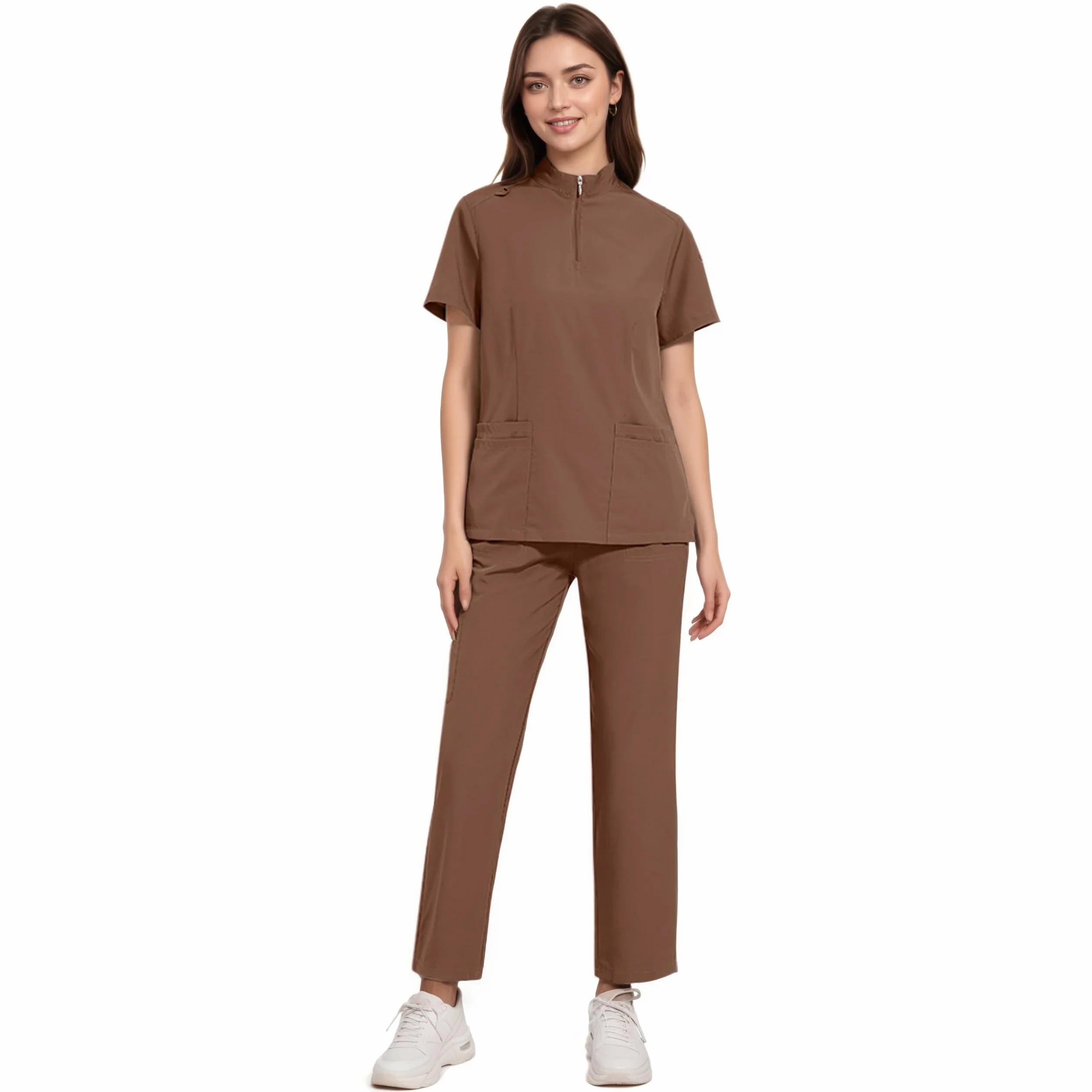 ThreeH Scrub Tops zestaw spodni dla mężczyzn i kobiet, medyczne mundury opieki zdrowotnej, stójka, top z krótkim rękawem i paskiem, spodnie joggery z wieloma kieszeniami