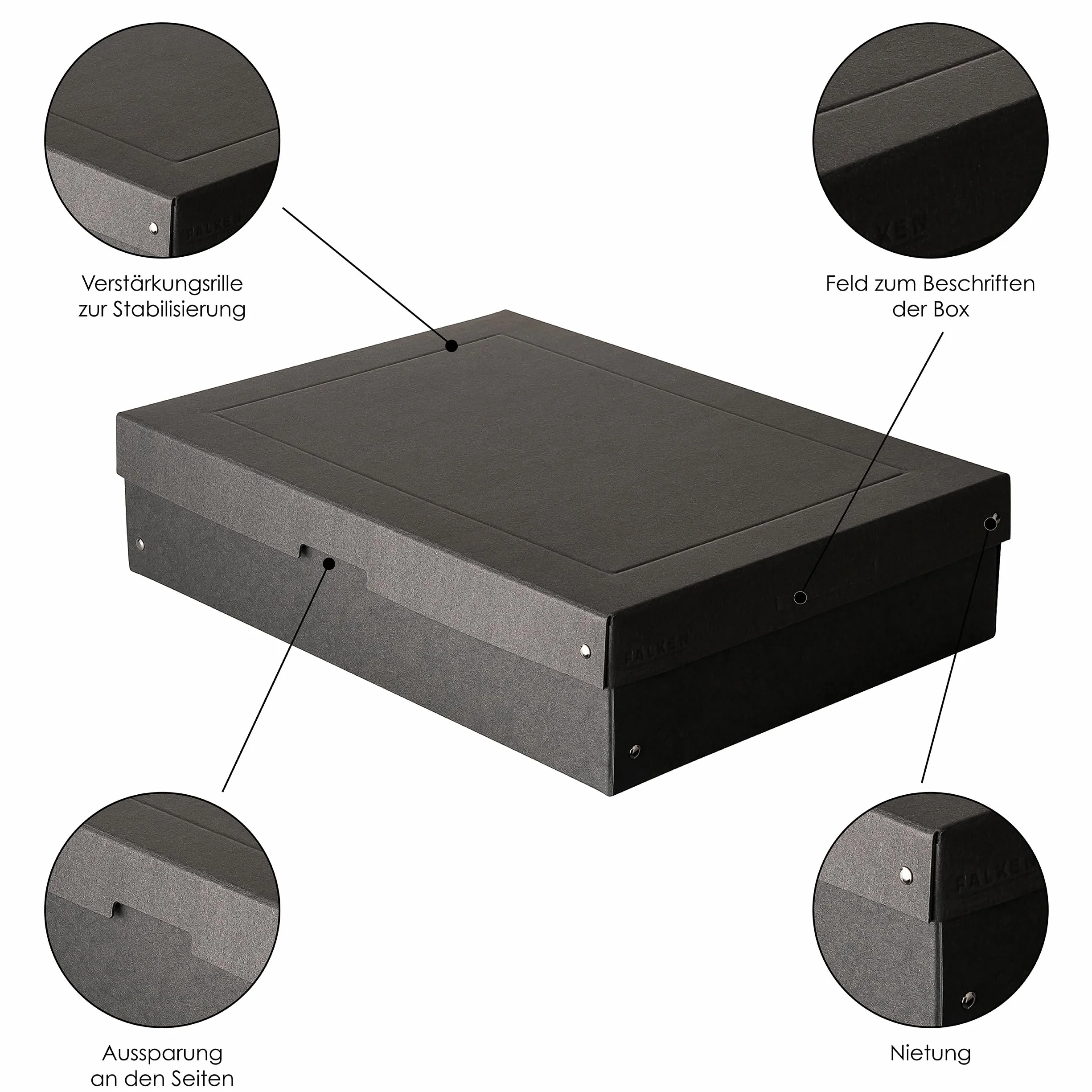 Oryginalny Falken PureBox Black. Made in Germany. 100 mm wysokości DIN A3. Pudełko do przechowywania z pokrywką ze stabilnego kartonu z recyklingu Niebieski anioł wegański pudełko na prezent pudełko