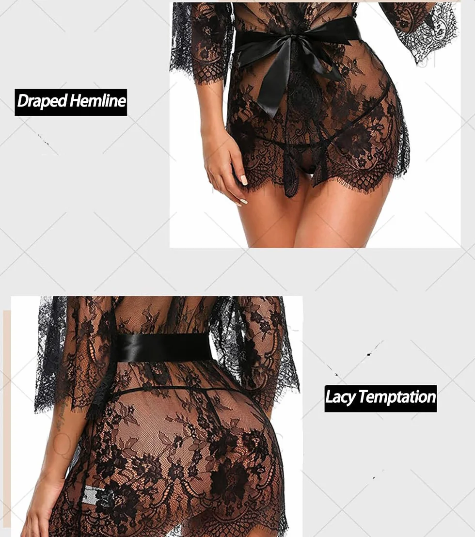 Seksowna Bielizna Nocna z Koronki Jednoczęściowa Seksowna Głęboka Szczelina Koszula Nocna z Paskiem G-String Przezroczysta Erotyczna Curvy Bielizna Nocna Sukienka Kimono na Walentynki Dla