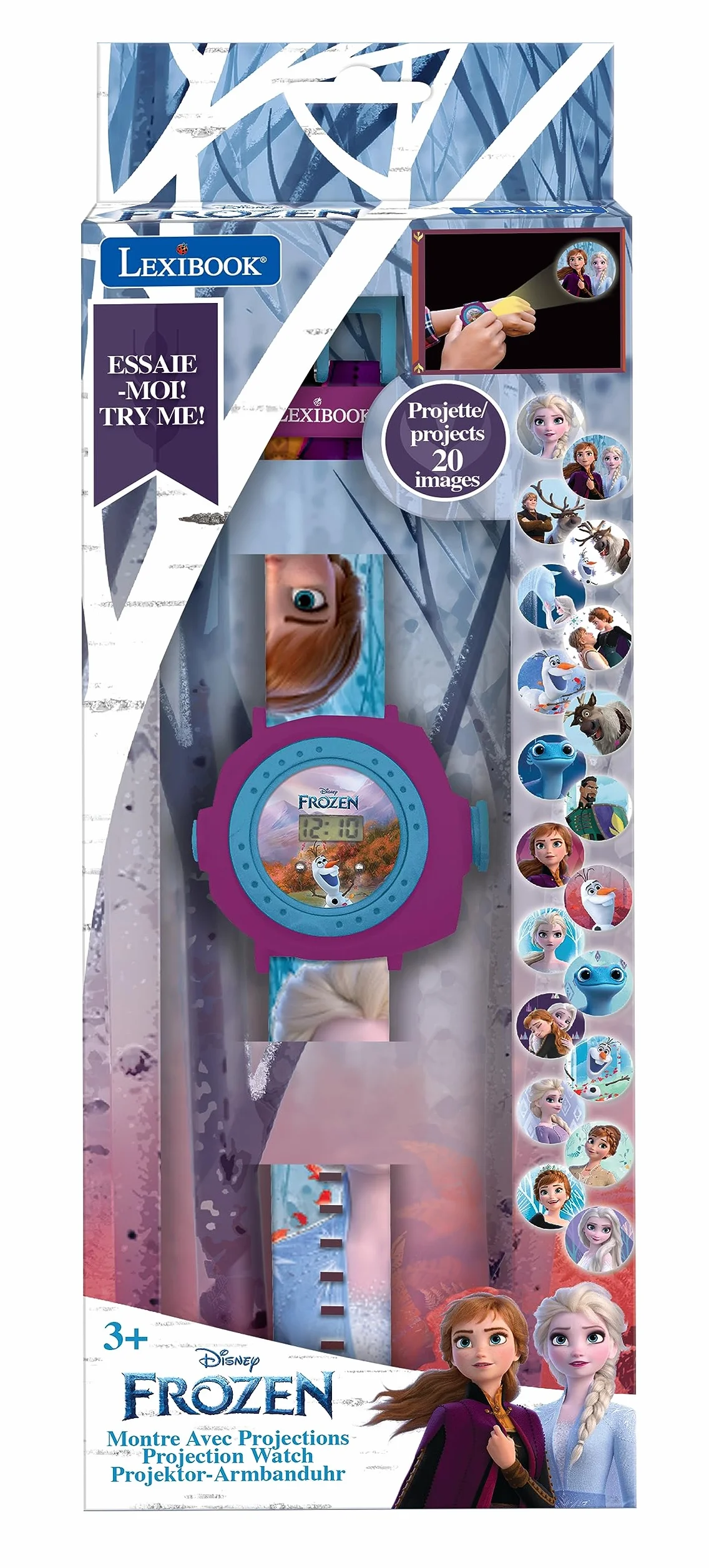 Lexibook Frozen 2, Frozen 2 Regulowany Cyfrowy Zegarek na Rękę z 20 Projekcjami Elsy, Anny i Olafa, dla Dzieci, Dziewczynek, Niebieski i Fioletowy, DMW050FZ