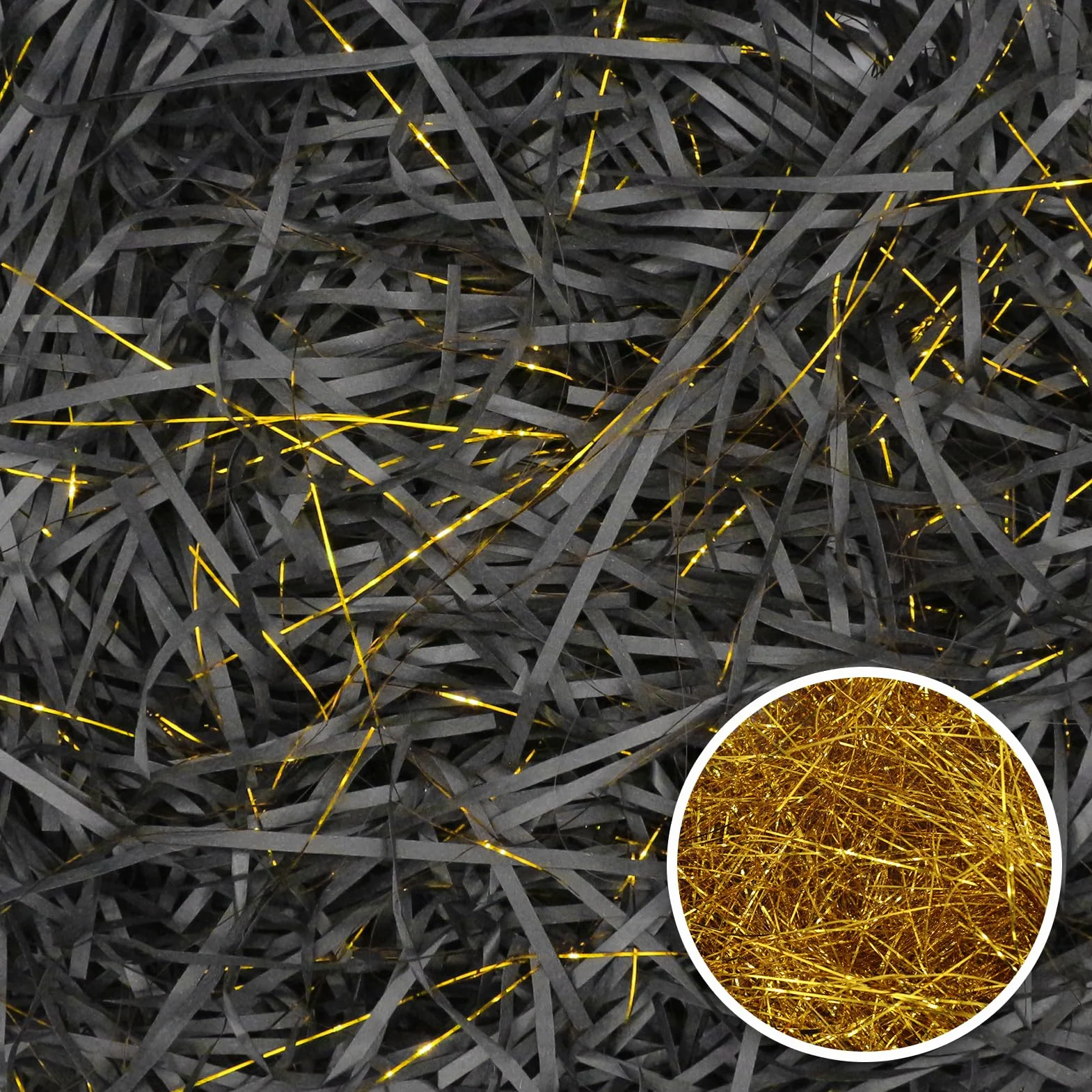 200 g Raffia materiał wypełniający, prezent, papier rozdrabniany, na prezent, wypełnienie na imprezę, opakowanie prezentowe (czarne złoto)