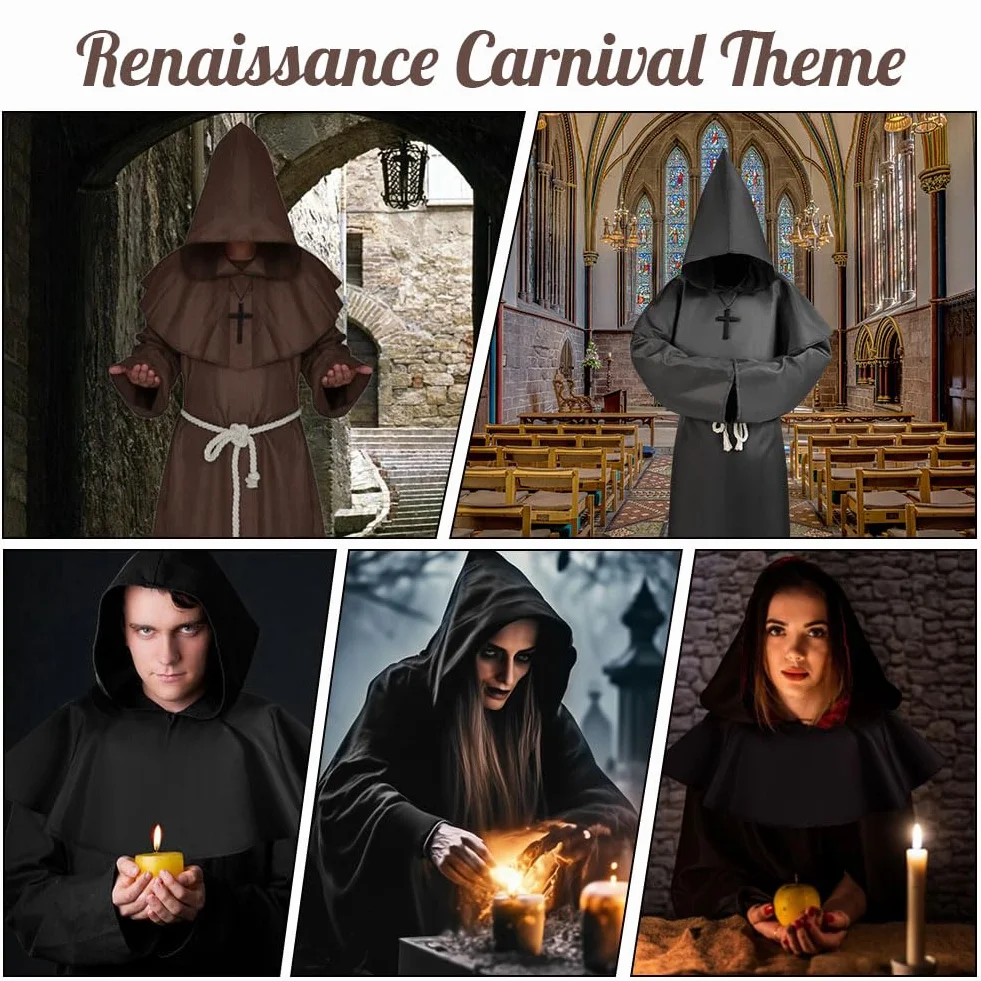 Aomig Szata mnicha, męska, czapka mnicha, średniowieczna peleryna, klasyczny kostium, kaptur, renesansowy, szata kapłana, na Halloween, karnawał, kostium Cosplay (rozmiar XL ~ XXL, czarny, brązowy)