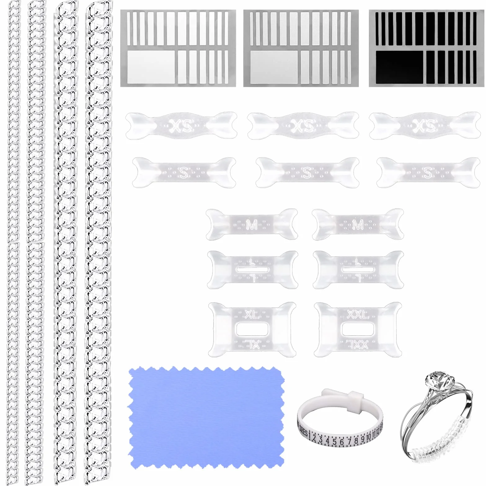 KINBOM 21 Sztuk Ring Size Adjusters, z Sciereczka do Polerowania Narzedzie Pomiarowe Niewidoczny Luzny Rozmiar Pierscionka Przezroczysty Reduktor Rozmiaru dla Obraczek Damskich