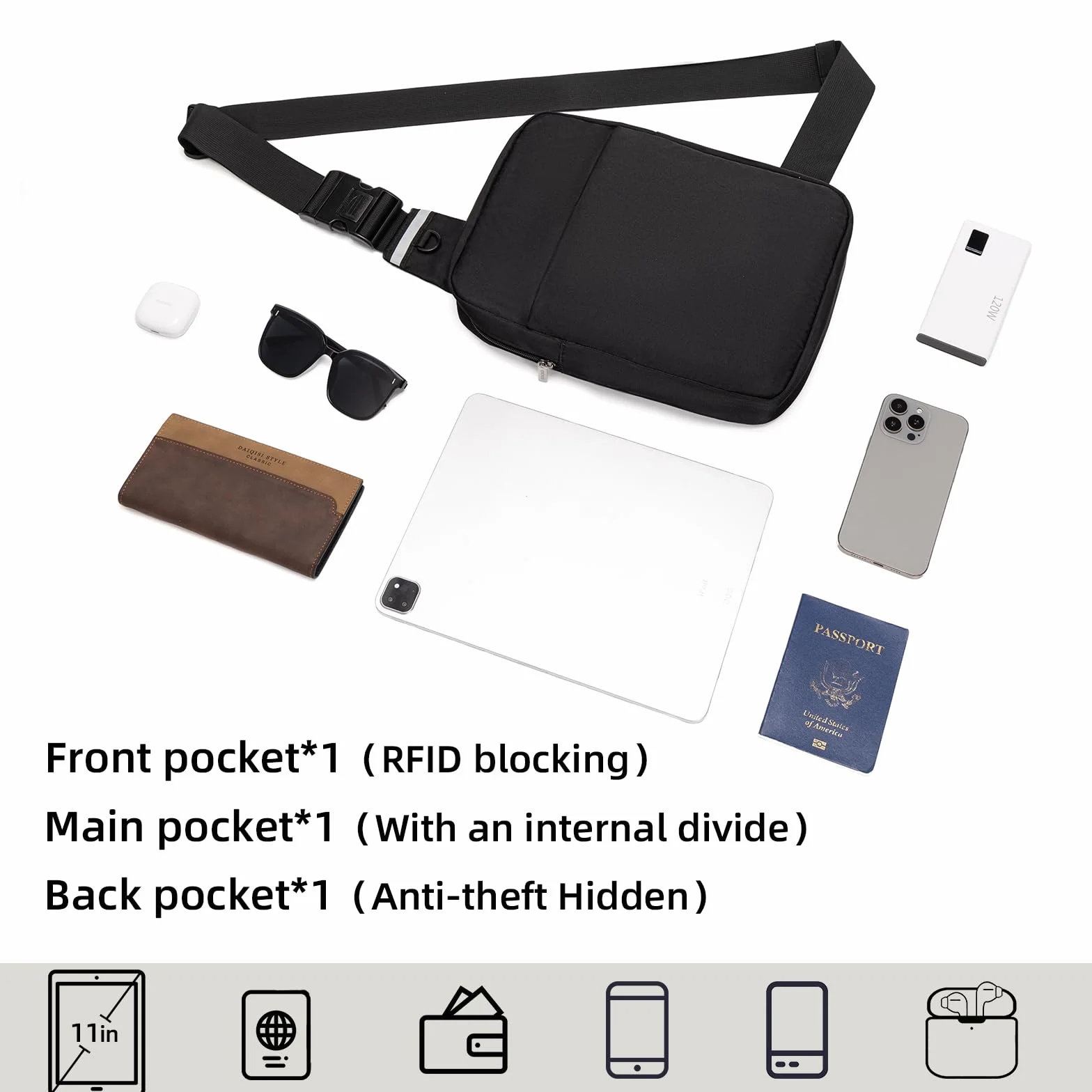 OSOCE Mała torba na ramię dla mężczyzn i kobiet, z kieszenią RFID, antykradzieżowa, torba przez/na ramię, na co dzień, torba podróżna na wędrówki